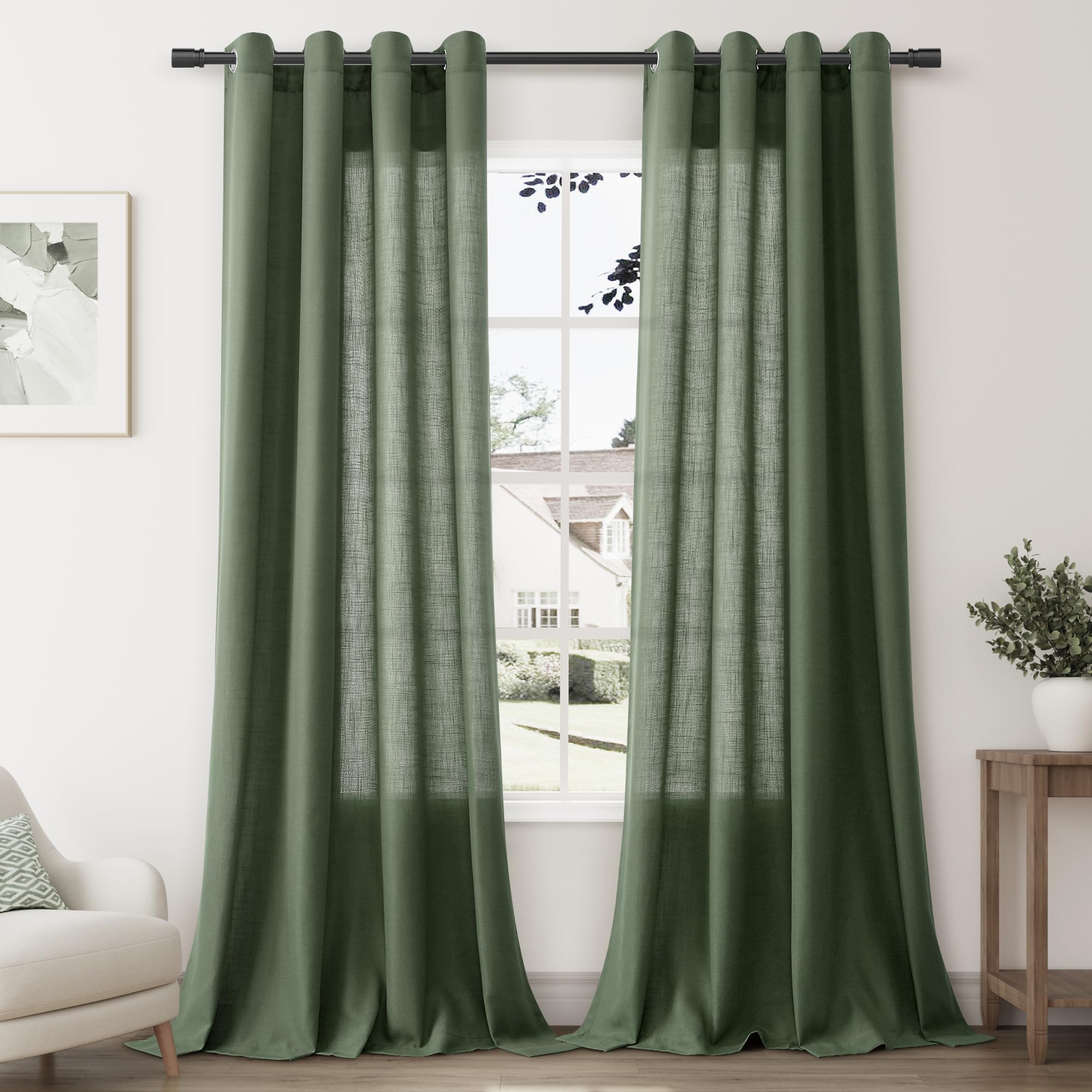 Nanspring Olive Green Living Room Curtains 96 Inches Long 2 Panel Set Linen Grommet Light Filtering Semi Sheer Curtain Drapes Fa