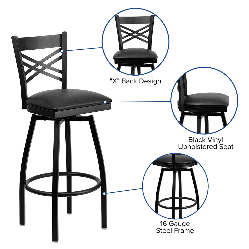 Flash Furniture Hercules "X" Back Metal Barstool, Upholstered Armless Chair, Black Vinyl/Black Metal, Model XU-6F8B-XSWVL-BLKV-GG,