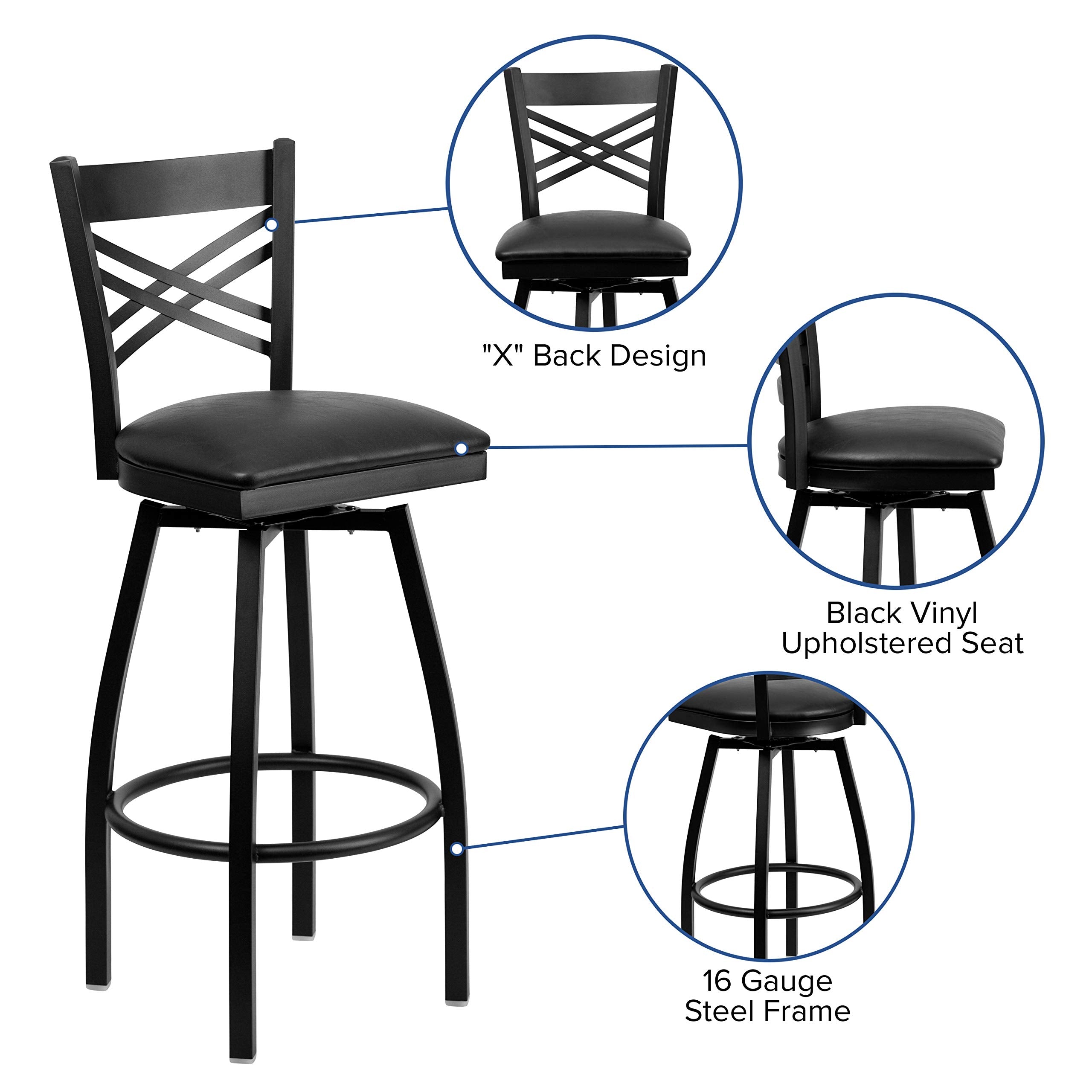 Flash Furniture Hercules "X" Back Metal Barstool, Upholstered Armless Chair, Black Vinyl/Black Metal, Model XU-6F8B-XSWVL-BLKV-GG,