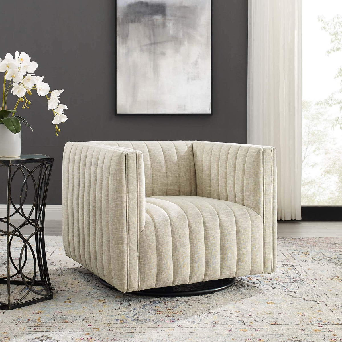 Modway Conjure Channel Tufted Upholstered Accent Beige, Swivel Armchair