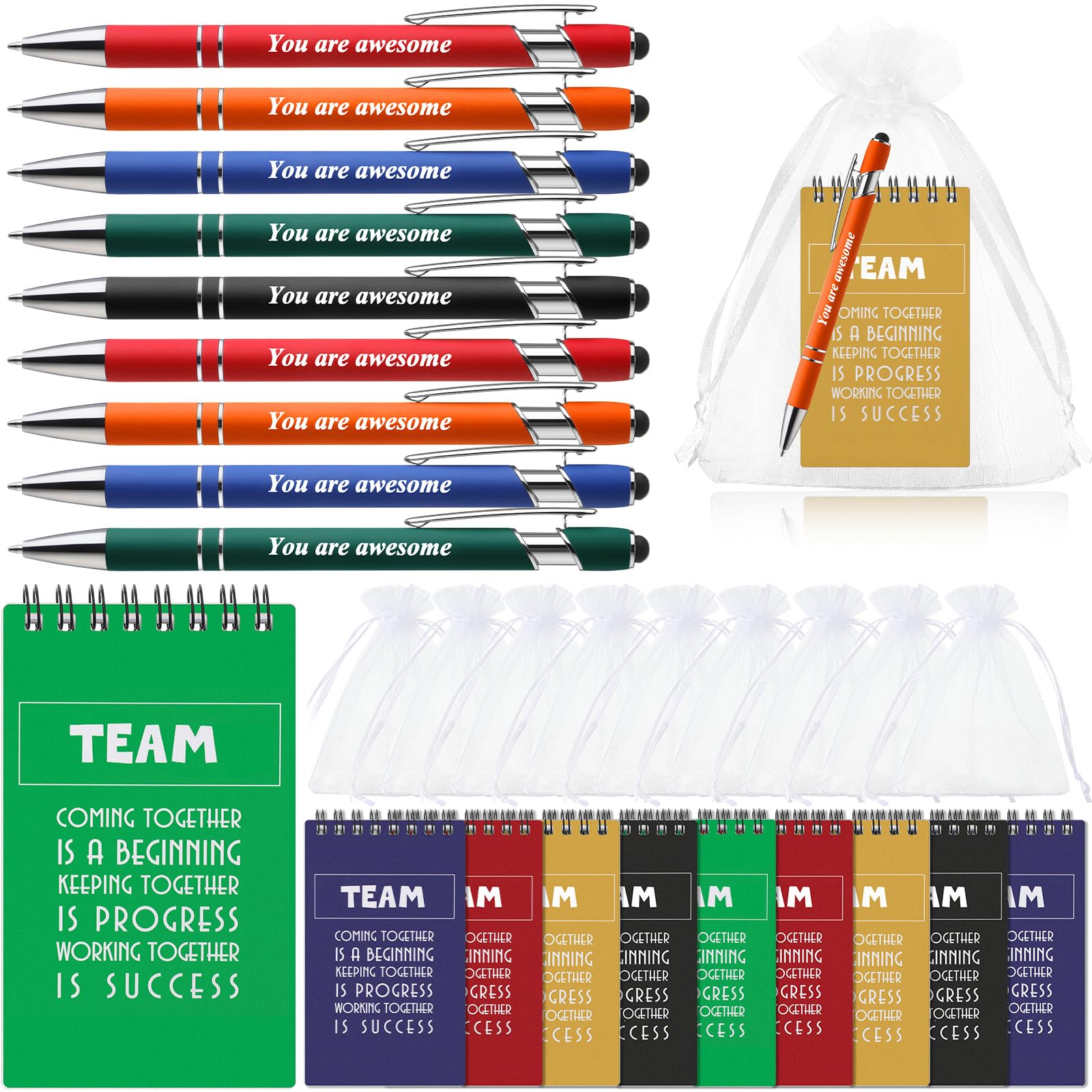Roowest 50 Set Team Gifts Bulk Welcome Gifts For Employee Ballpoint Pen With Metal Stylus Tip Mini Motivational Notebook Organza