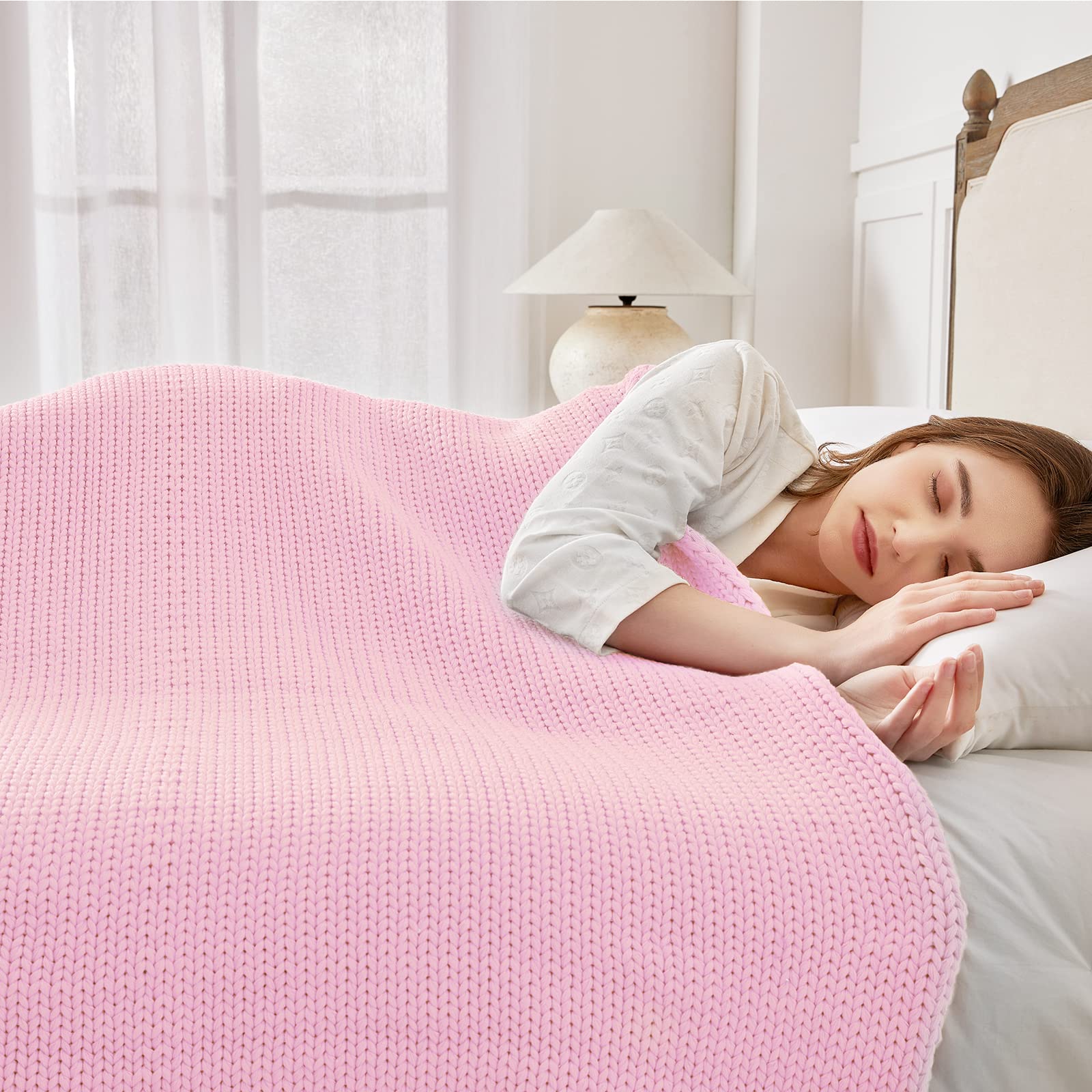 Guohaoi Knitted Weighted Blanket(Pink 50''X60'' 7Lbs),Home D  Cor Cooling Throw Blanket For Hot Sleepers,Hand Made Chunky Knit H
