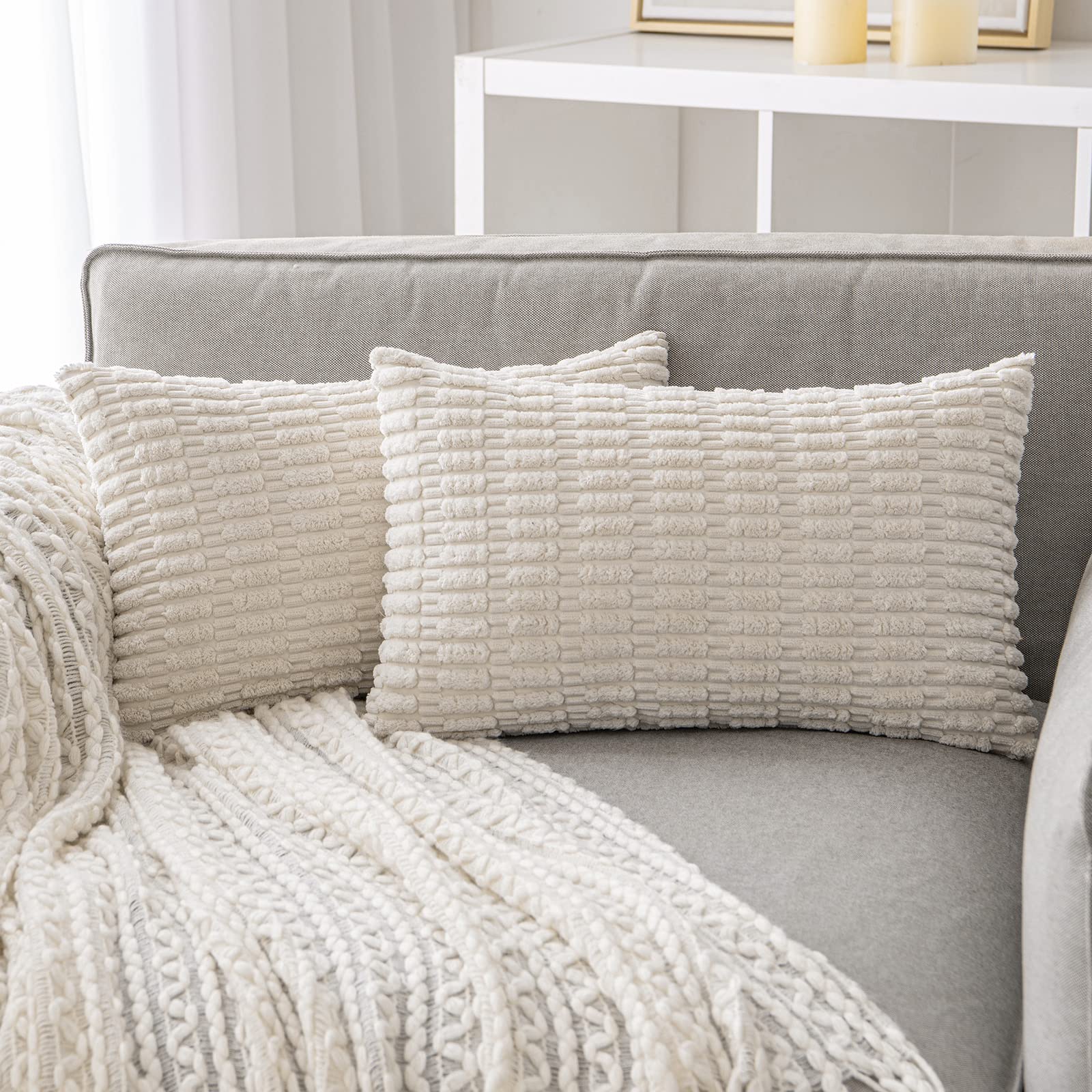 ANRODUO Pack of 2 Cream White Pillow Covers Decorative Throw Pillows 12x20 Inch for Couch Bed Living Room Soft Corduroy Striped 