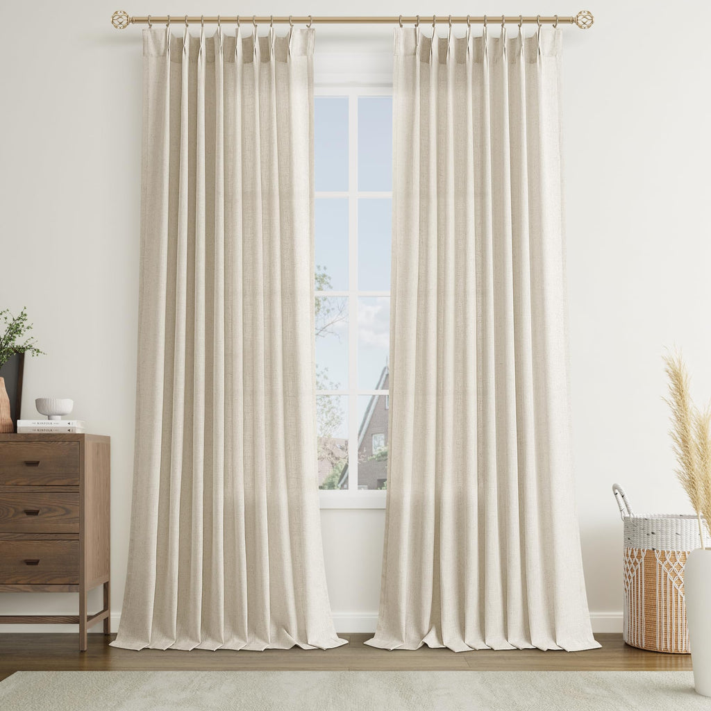 Joywell Linen Pinch Pleated Curtains 100 Inches Long,Back Tab Clip Rings Window Semi Sheer Light Filtering Modern Flax Drapes With Hooks For Bedroom Living Room,W50 X L100,Linen,2 Panels Set