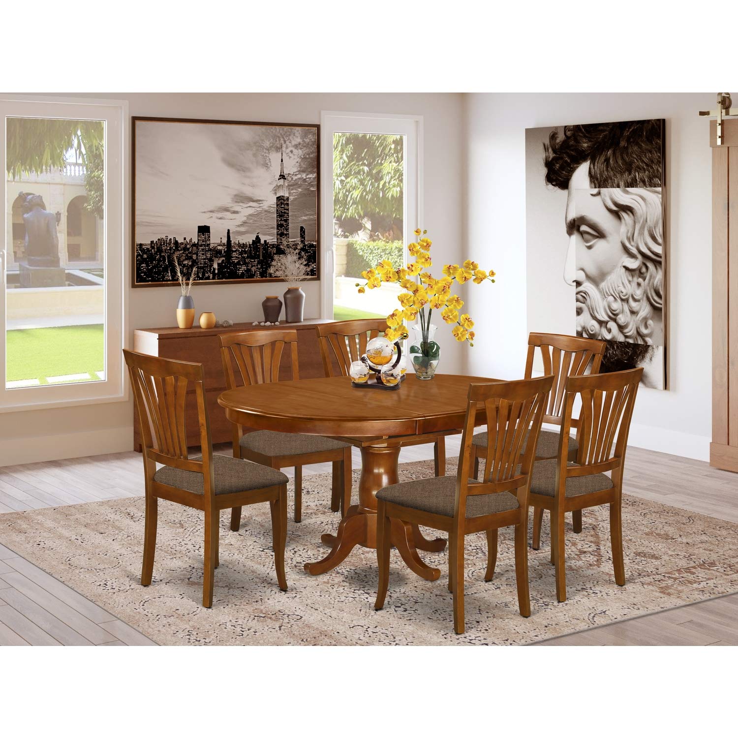 East West Furniture POAV7-SBR-C 7 Piece Modern Set Consist of an Oval Wooden Table with Butterfly Leaf and 6 Linen Fabric Upholstered Dining Chairs, 42x60 Inch