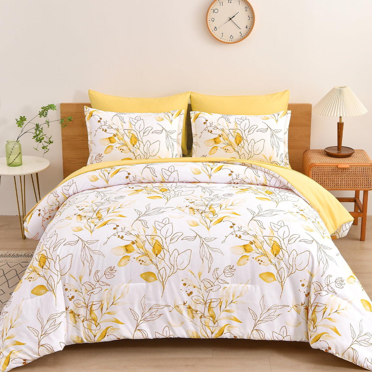 WONGS BEDDING Yellow Comforter Set King, 7 Pieces Botanical Bed in a Bag Comforter Gloden Leaves Bedding Set Soft Microfiber Kin