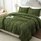 Andency Olive Green Tufted Comforter Set Queen(90X90Inch), 3 Pieces(1 Boho Comforter, 2 Pillowcases) Textured Farmhouse Comforter, Soft Microfiber Down Alternative Geometric Comforter Bedding Set