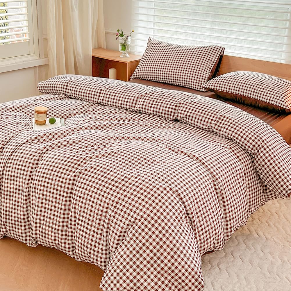 Nsnlgsgc Mocha Gingham Duvet Cover Set Twin, Dark Tan Grid Simple Geometric Square Pattern Comforter Cover,Soft Plaid Washed Mic
