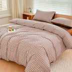 Nsnlgsgc Mocha Gingham Duvet Cover Set Twin, Dark Tan Grid Simple Geometric Square Pattern Comforter Cover,Soft Plaid Washed Mic
