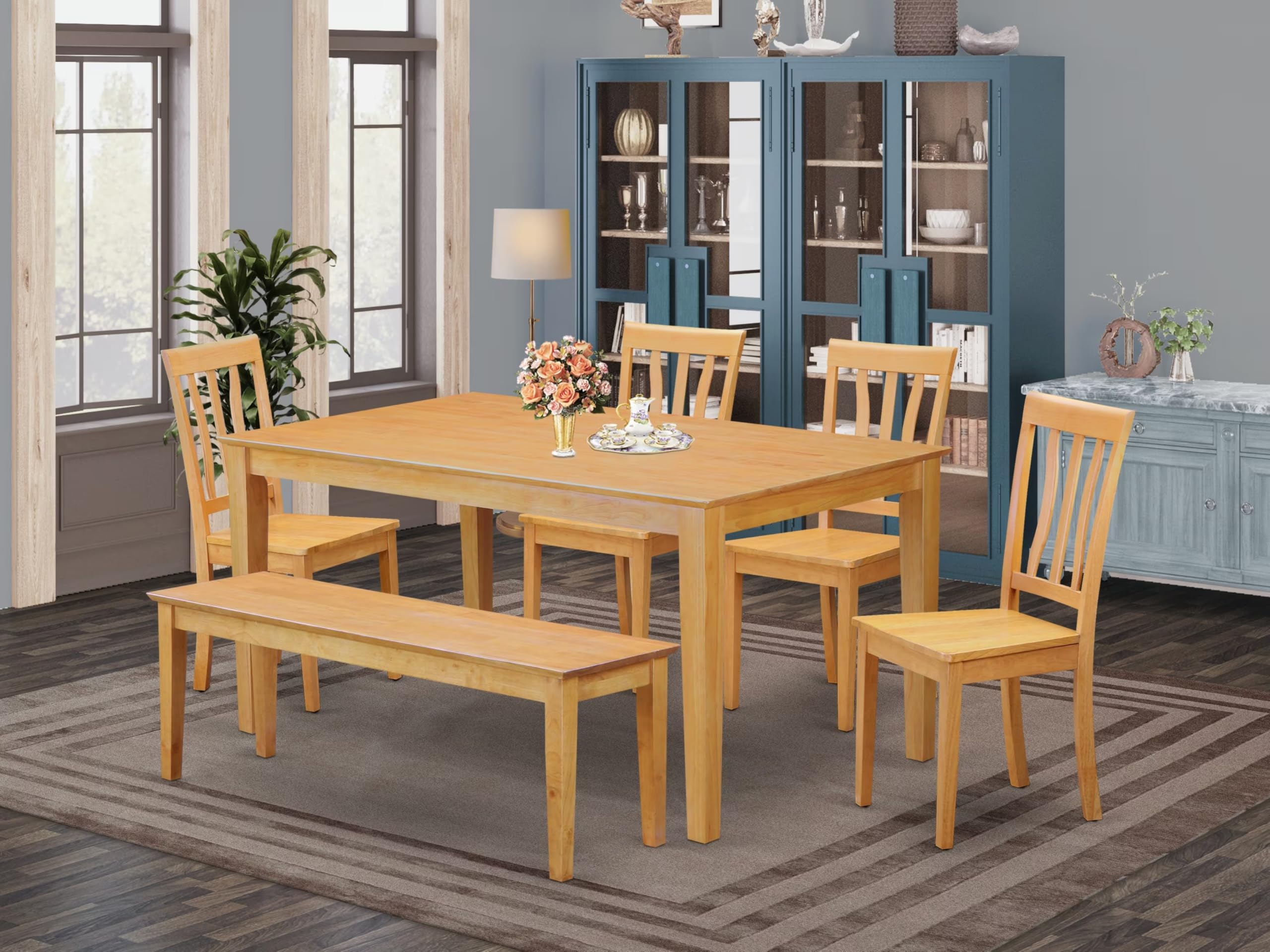 East West Furniture CAAN6-OAK-W 6 Piece Dining Set Contains a Rectangle Dining Room Table and 4 Kitchen Chairs with a Bench, 36x60 Inch, Oak