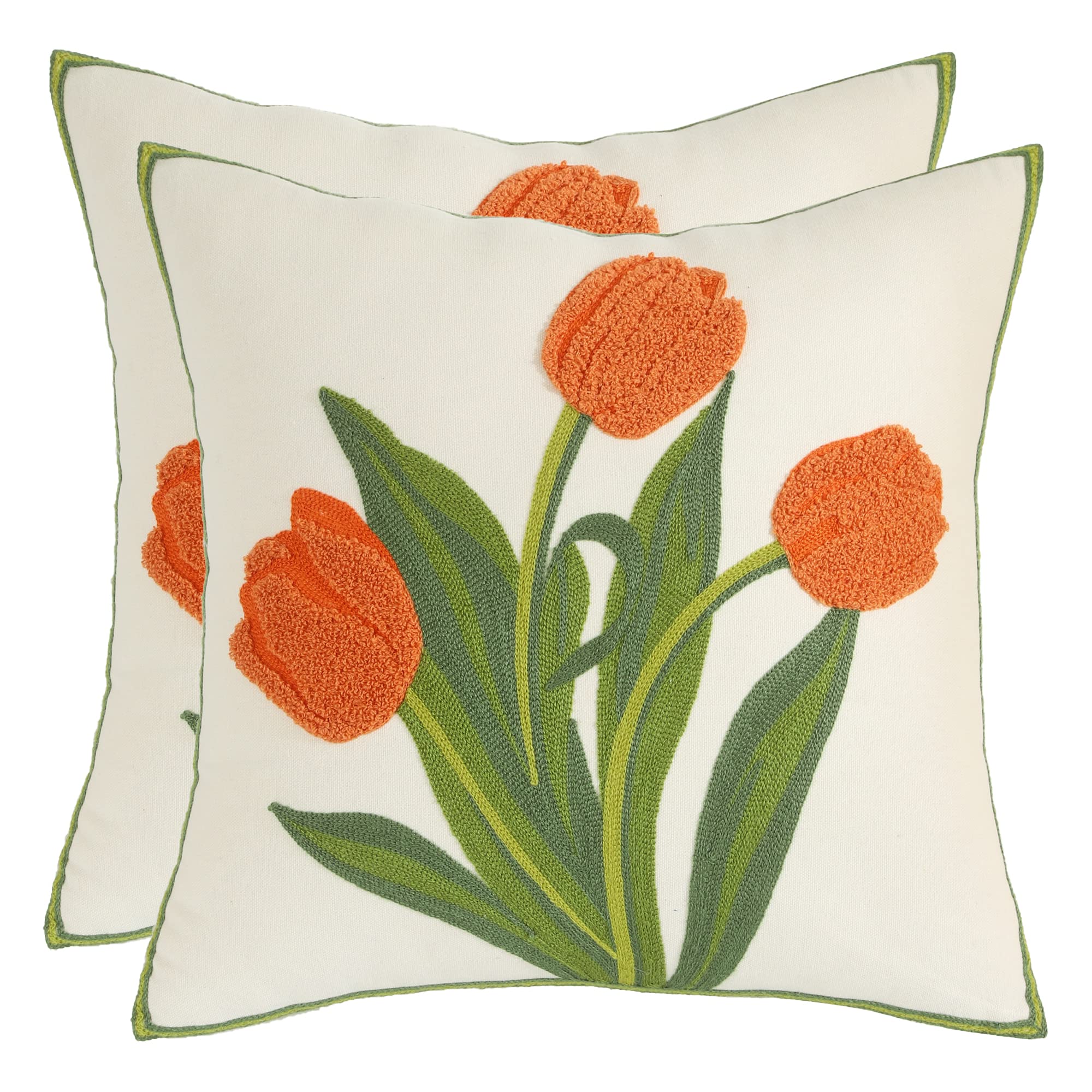 Tosleo Embroidery Throw Pillow Covers 18X18 Inch Pack Of 2 Orange Tulip Flower Pillowcases Spring Pillow Covers For Couch Cotton