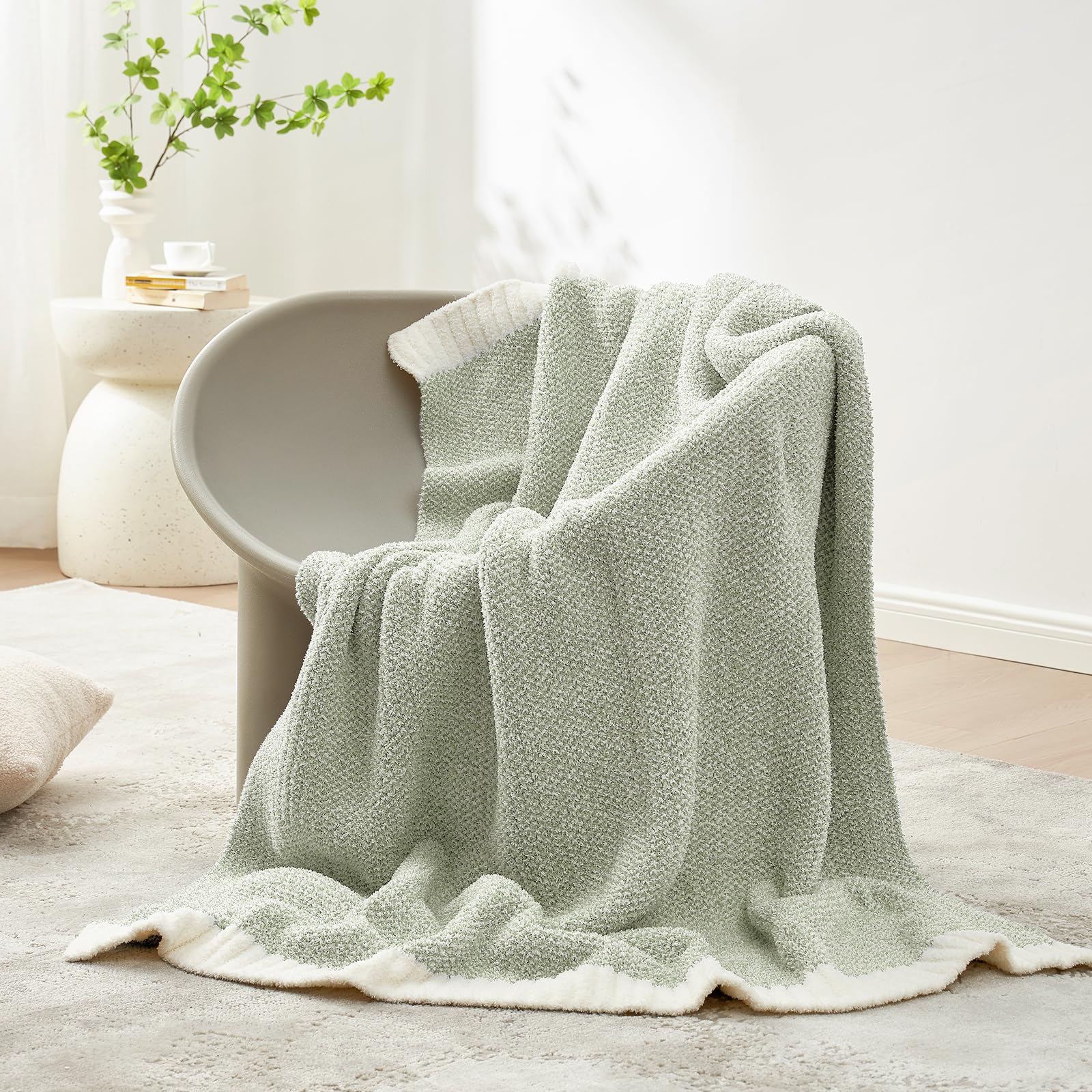 Snuggle Sac Heather Sage Green Throw Blanket For Couch, Reversible Super Soft Knitted Blankets Warm Cozy Fuzzy Throws For Sofa,