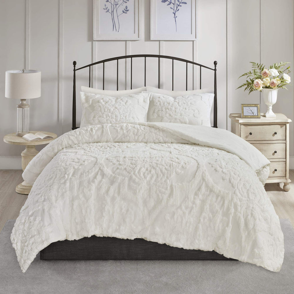 Madison Park Tufted Chenille Cotton Comforter, All Season Bedding Set, Matching Shams, Viola, Damask Off White King/Cal King(104'X92') 3 Piece