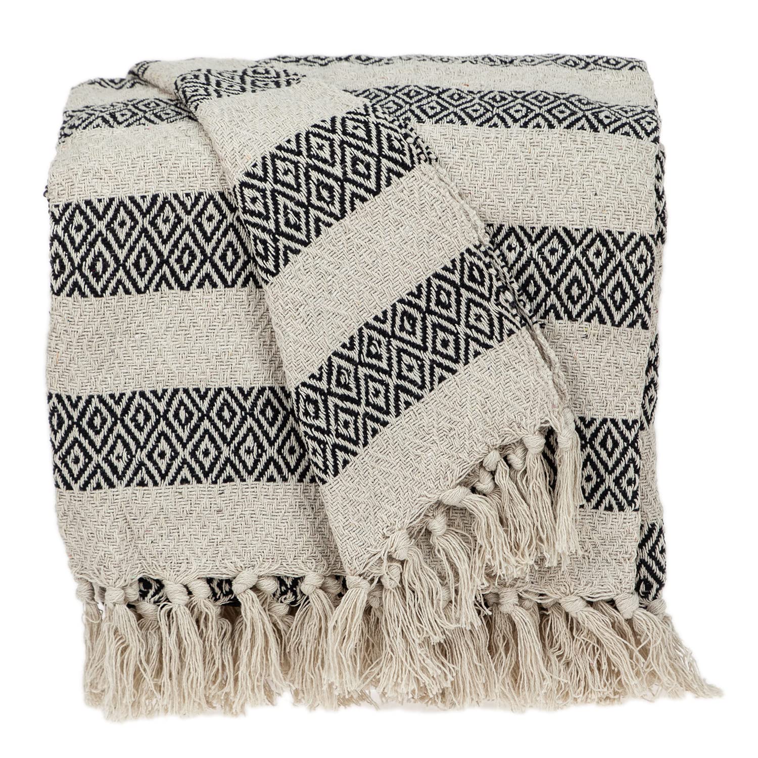 HomeRoots Black and Beige Diamond Weave Soft Cotton Handloom Throw
