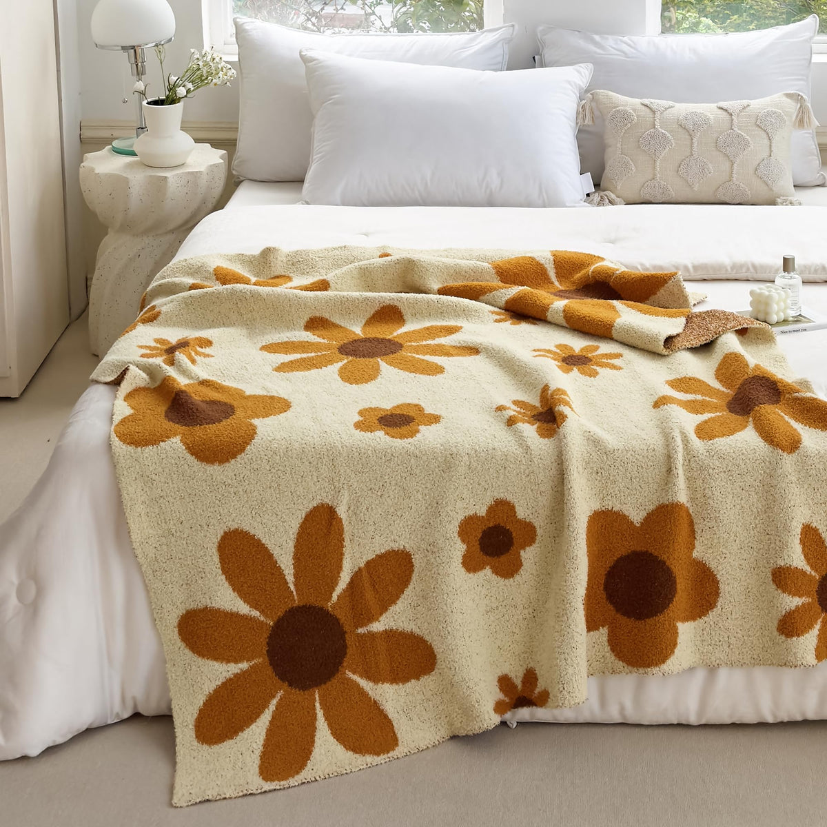 Niditw Ultra Soft Cozy Green Plants Sunflower Knit Throw Blanket Microfiber Flowers Daisy Knitted Blanket Lightweight Fluffy Fle