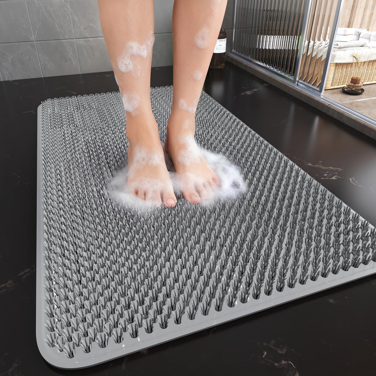 Qicaijia Shower Foot Scrubber Mat, Non Slip Shower Feet Mat Grey 16x27