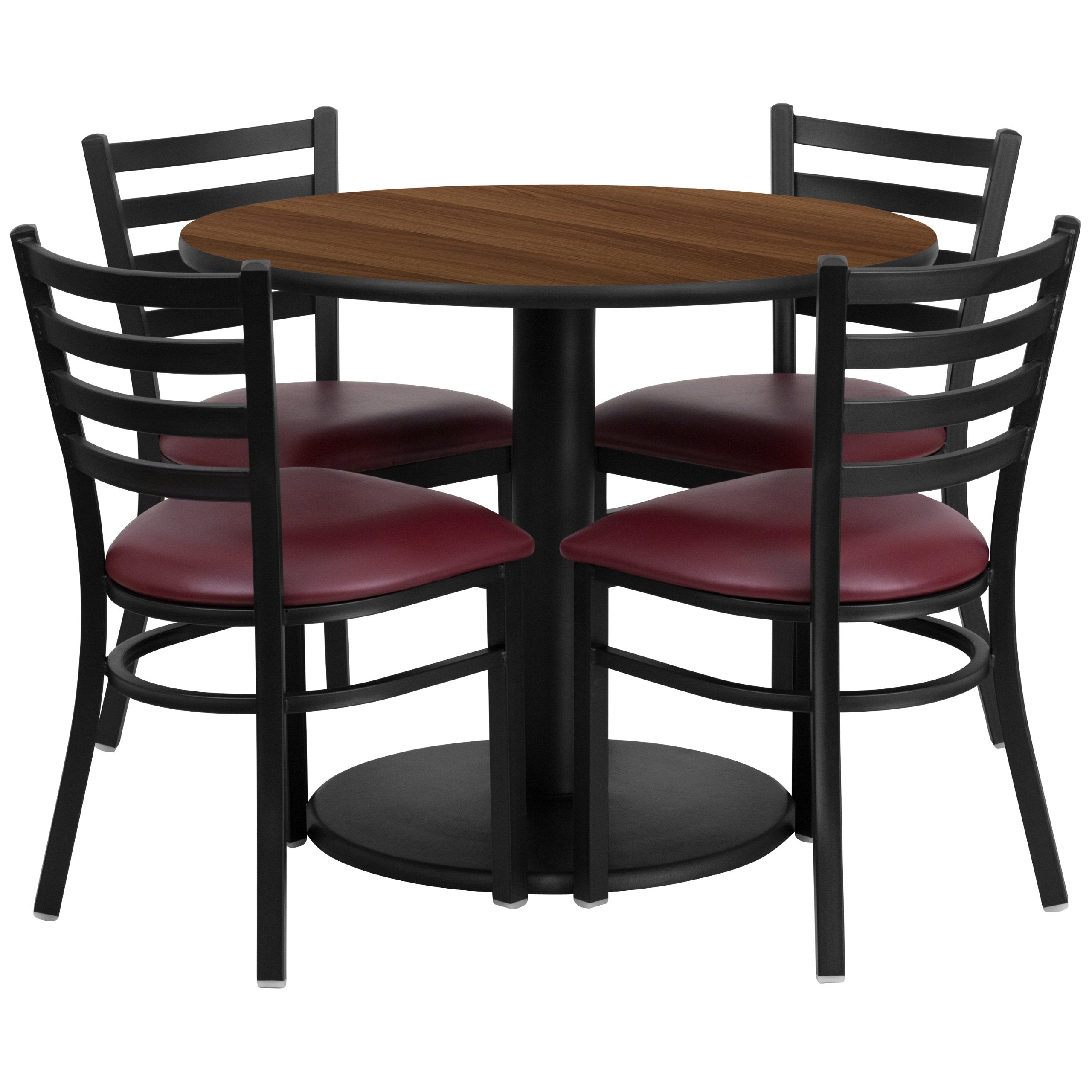 Flash Furniture 36'' Round Walnut Laminate Table Set With Round Base And 4 Ladder Back Metal Chairs - Burgundy Vinyl Seat