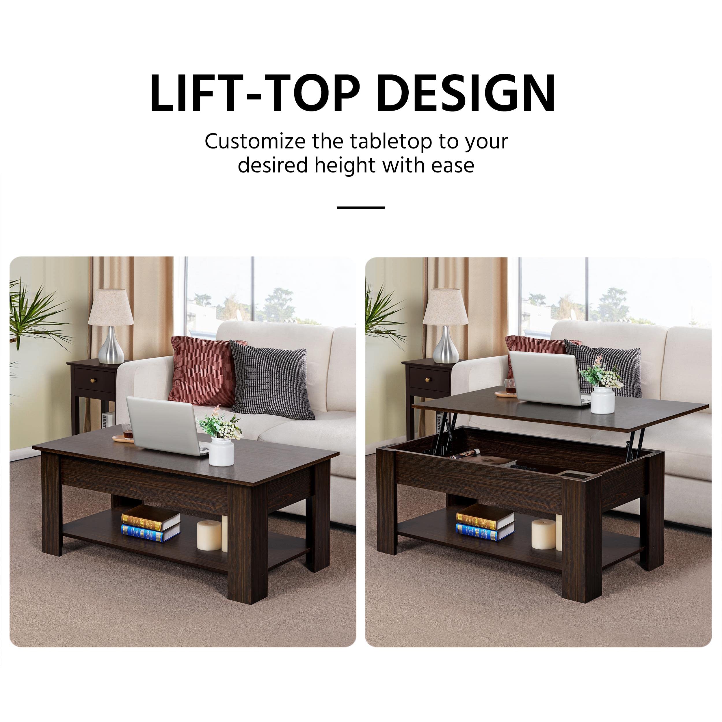 Yaheetech Lift Top Coffee Table With Hidden Compartment And Storage Shelf, Rising Tabletop Dining Table For Living Room Reception Room, 47.5In L, Espresso