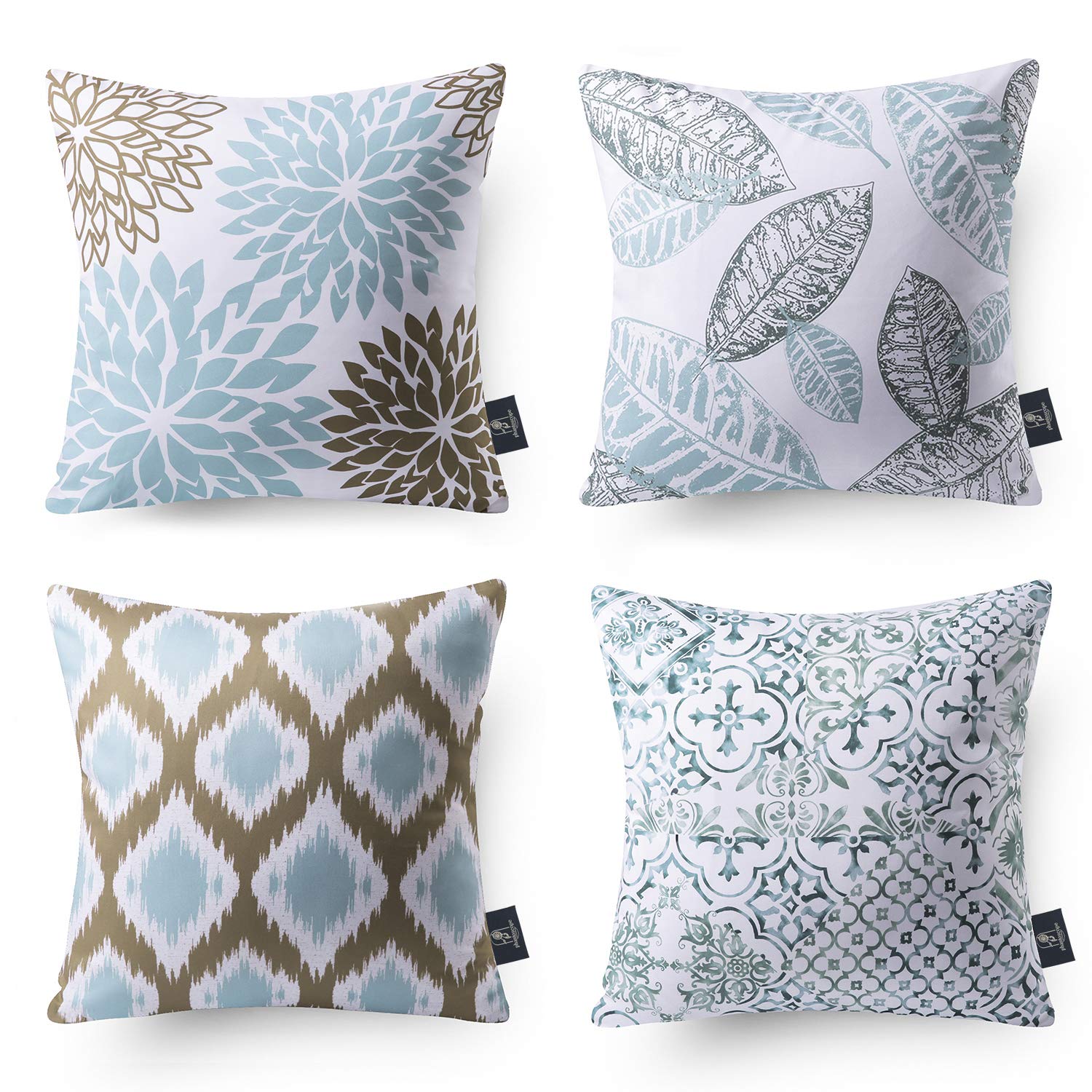 Phantoscope Set Of 4 New Living Series Leaf Geometric Blue And Coffee Throw Decorative Pillow Cover Cushion Cover 18 X 18 Inches