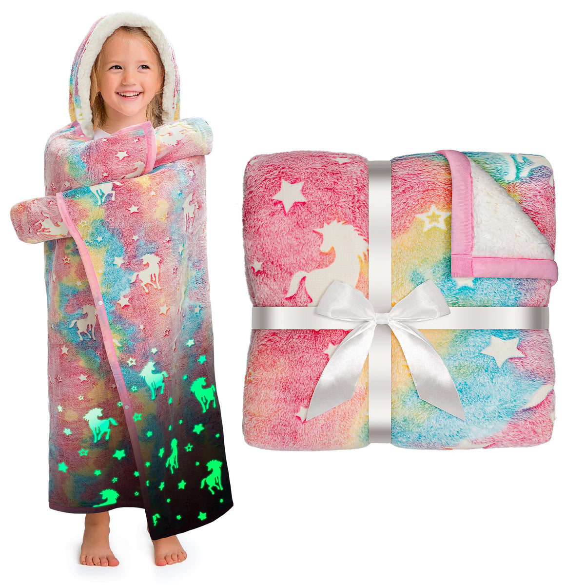 Unicorn Glow In The Dark Wearable Blanket For Girls- Soft Warm 52'X60' Sherpa Fleece Unicorn Gifts For Girls Age 8-10, 6-8, 4-
