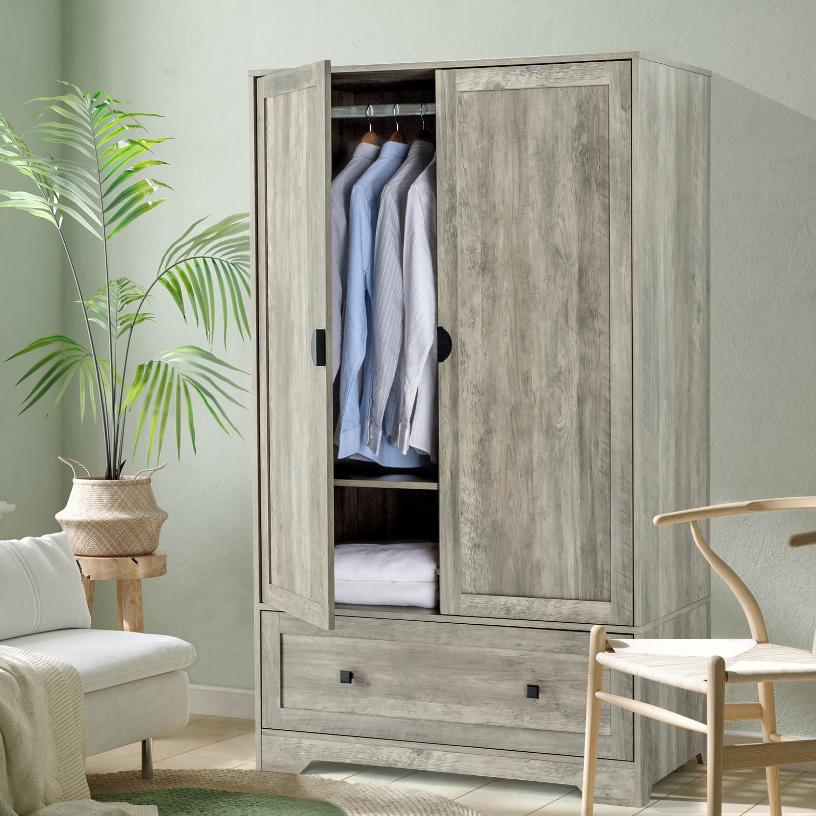 VINGLI Wide Armoire Wardrobe Closet with Hanging Rod, Adjustable Shelves and Drawer, Freestanding Wardrobe Closet with Doors, Be
