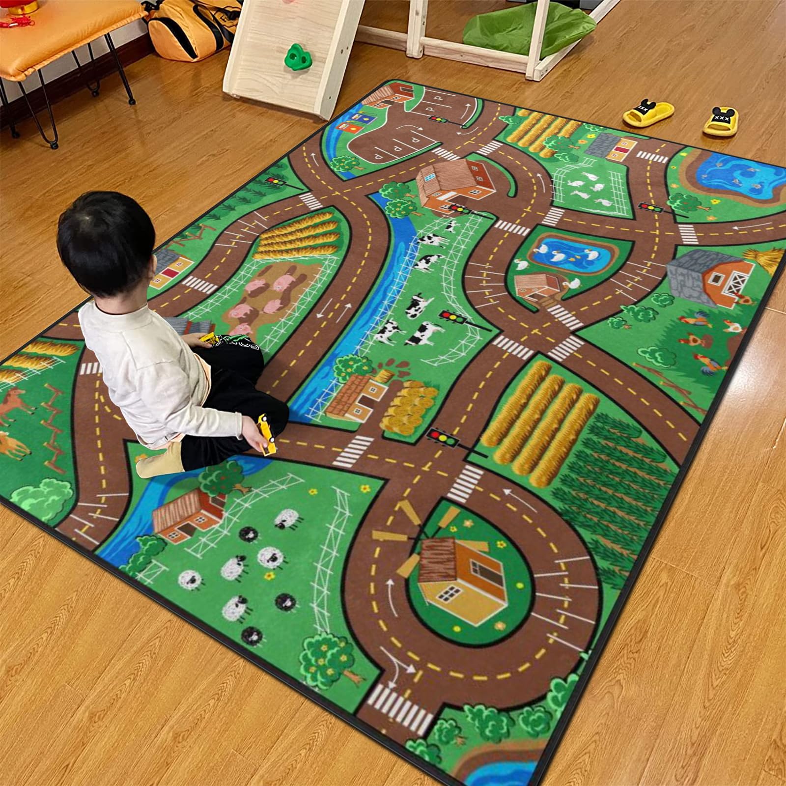 Kids Rug, Farm Map Playmat Rugs - 5X7 Ft Kids Carpet With Rubber Backing, Cute Animal Farming Game Road Map Play Mat Nursery Rug