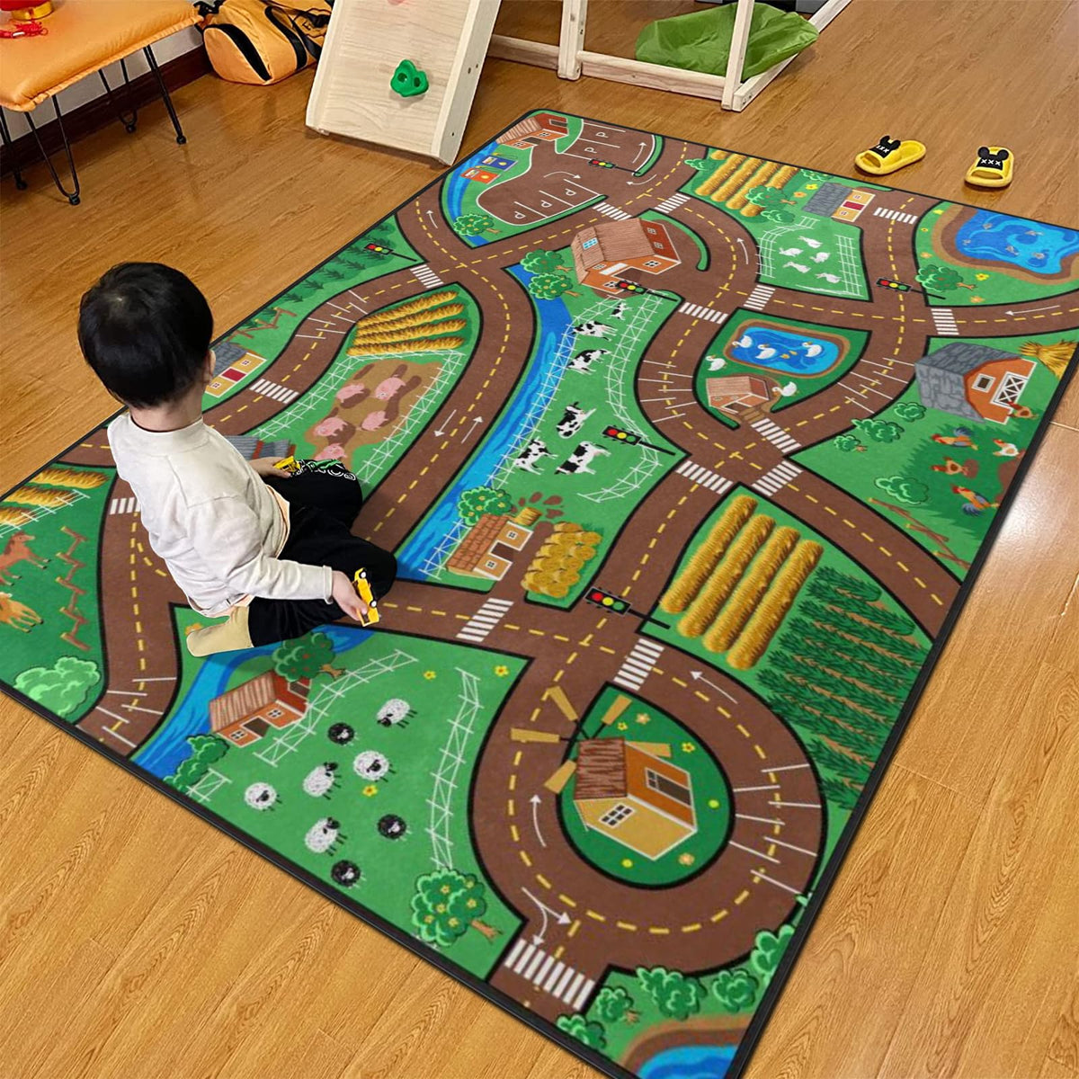 Kids Rug, Farm Map Playmat Rugs - 5X7 Ft Kids Carpet With Rubber Backing, Cute Animal Farming Game Road Map Play Mat Nursery Rug