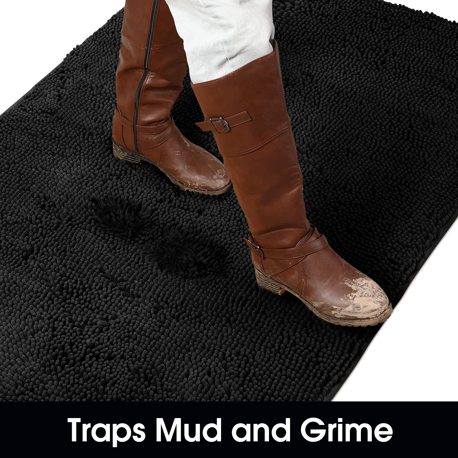 Homeideas Absorbent Chenille Door Mat Indoor, 24“X36”, Dirt Trapper Machine Washable Non Slip Throw Rugs For Entryway, Entrance, Mud Room, Thick Welcome Doormat, Black