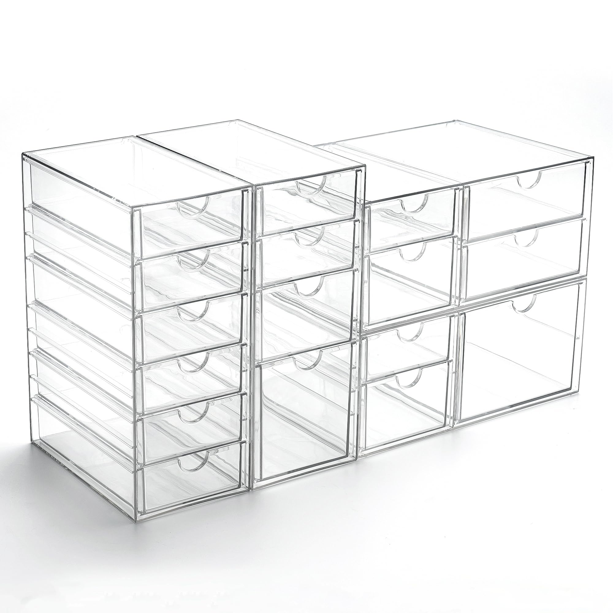 Prsildan Acrylic Drawer Organizer With 17 Drawers, Craft Office Desk Makeup Organizers Accessories, Set Of 4 Clear Stackable Sto