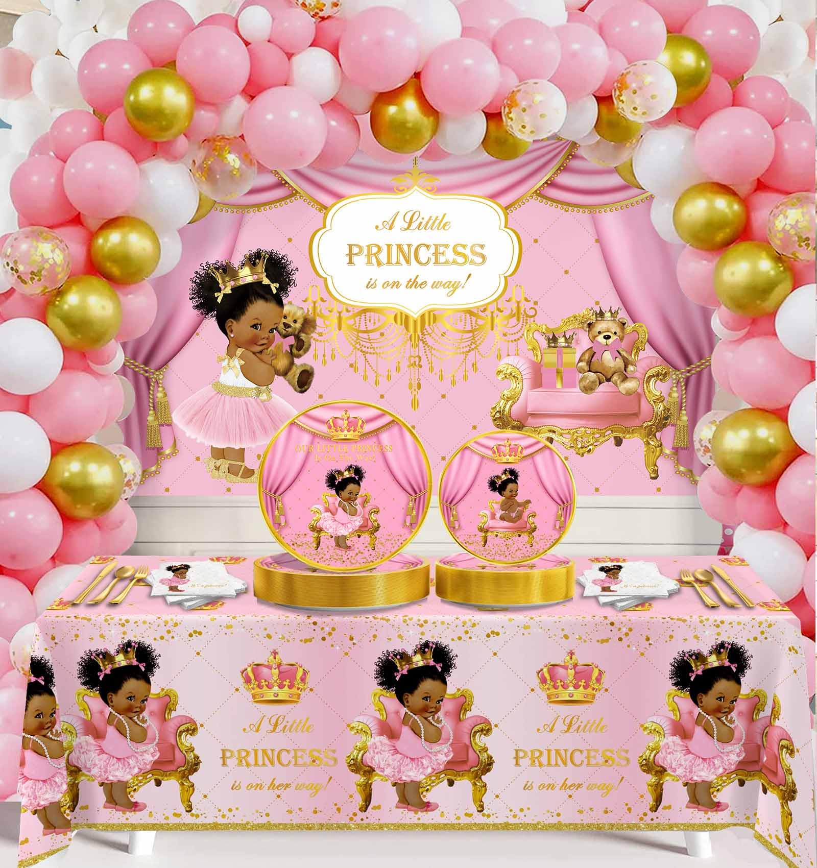 Yuzioey 266pcs Royal Princess Baby Shower Decorations, Black Princess Baby Shower Supplies, Gold Pink Balloon Garland Kit, Dispo