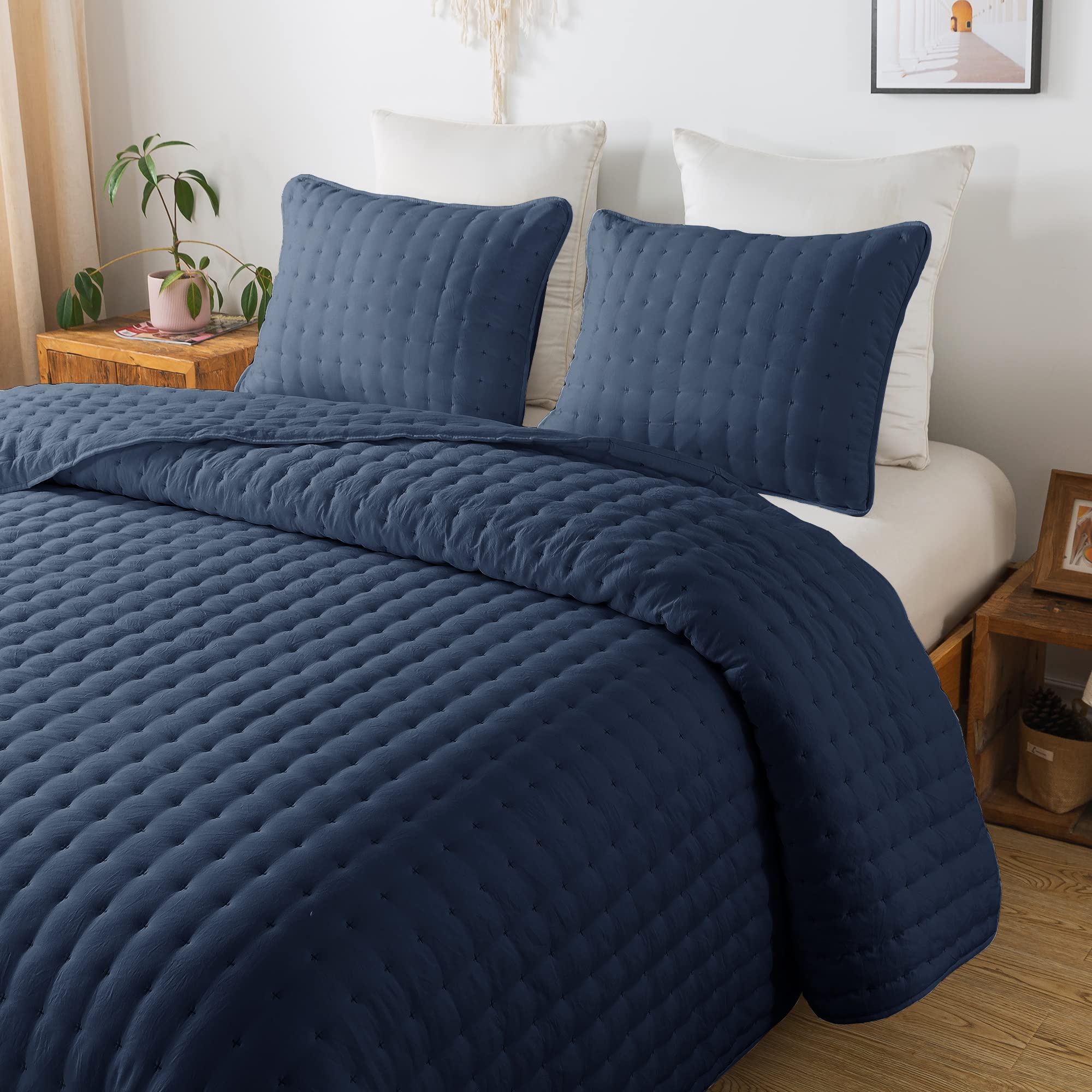 Wdcozy Navy Blue Twin Size Quilt Bedding Sets With Pillow Sham, Lightweight Soft Bedspread Coverlet, Quilted Blanket Thin Comfor