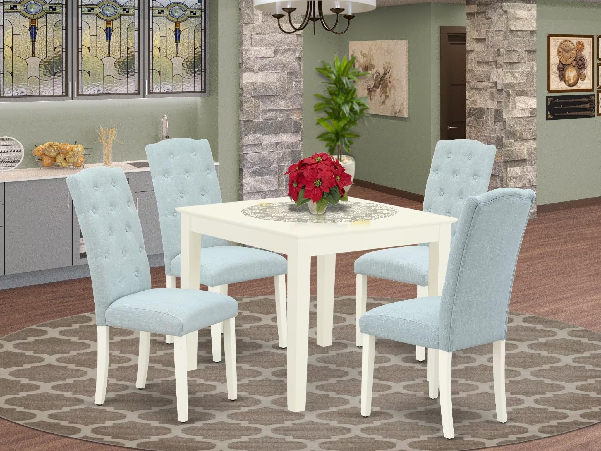 East West Furniture Oxce5-Lwh-15 5 Piece Dining Room Table Set Includes A Square Wooden Table And 4 Baby Blue Linen Fabric Upholstered Parson Chairs, 36X36 Inch, Linen White