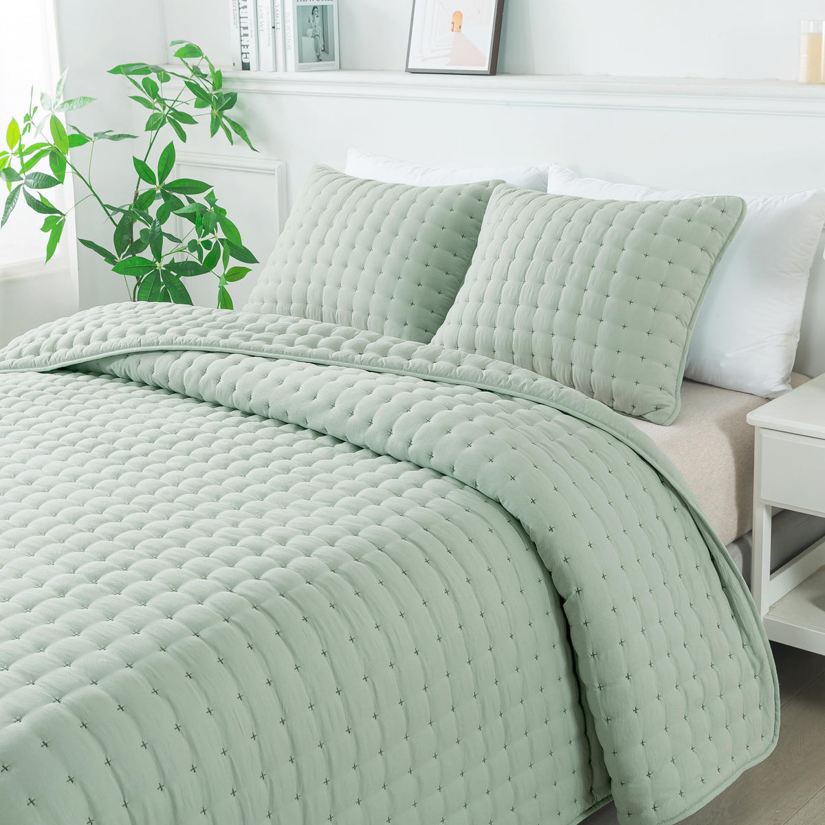 Wdcozy Sage Green King Size Quilt Bedding Sets With 2 Pillow Shams, Lightweight Soft Bedspread Coverlet, Quilted Blanket Thin Co