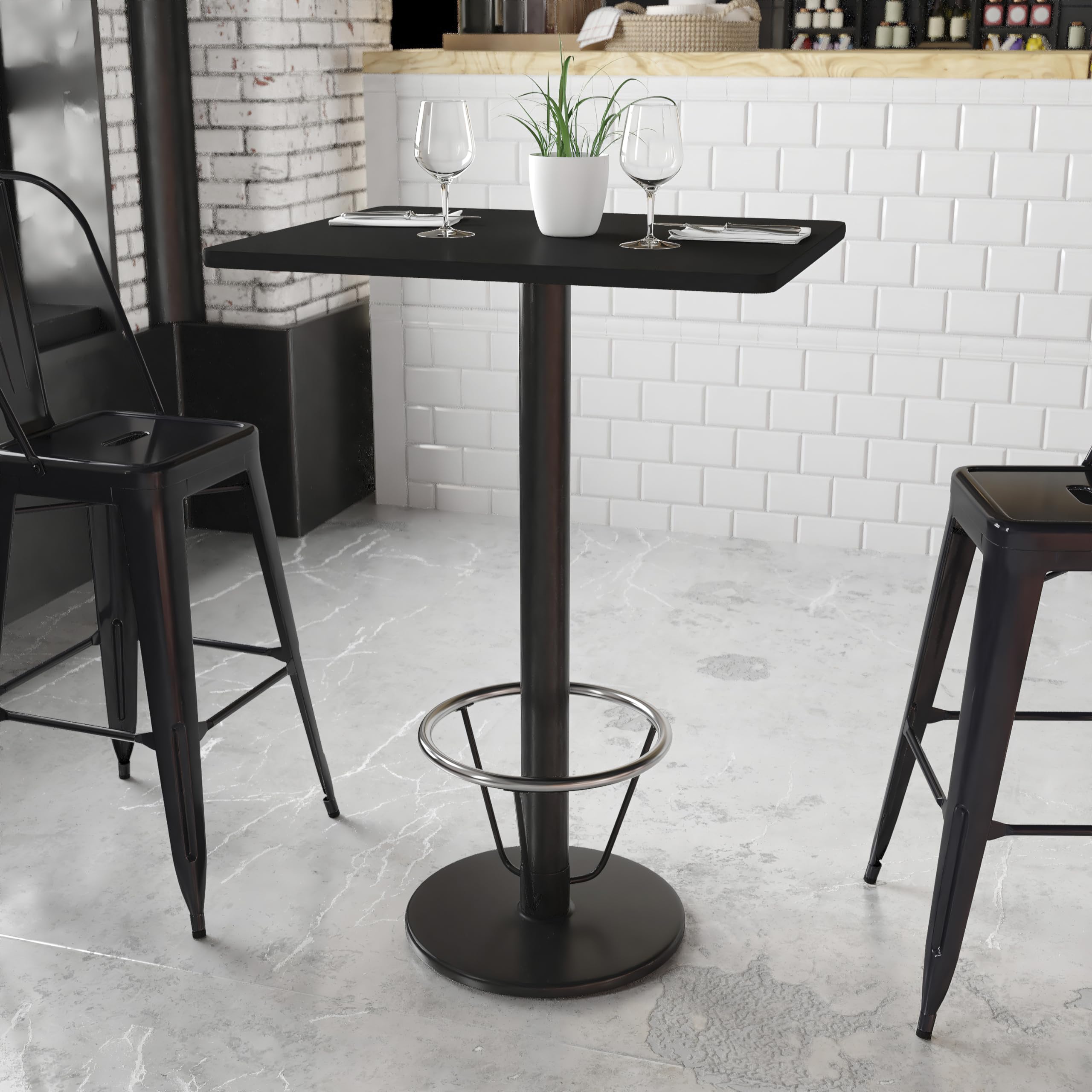 Flash Furniture 24'' X 30'' Rectangular Black Laminate Table Top With 18'' Round Bar Height Table Base And Foot Ring