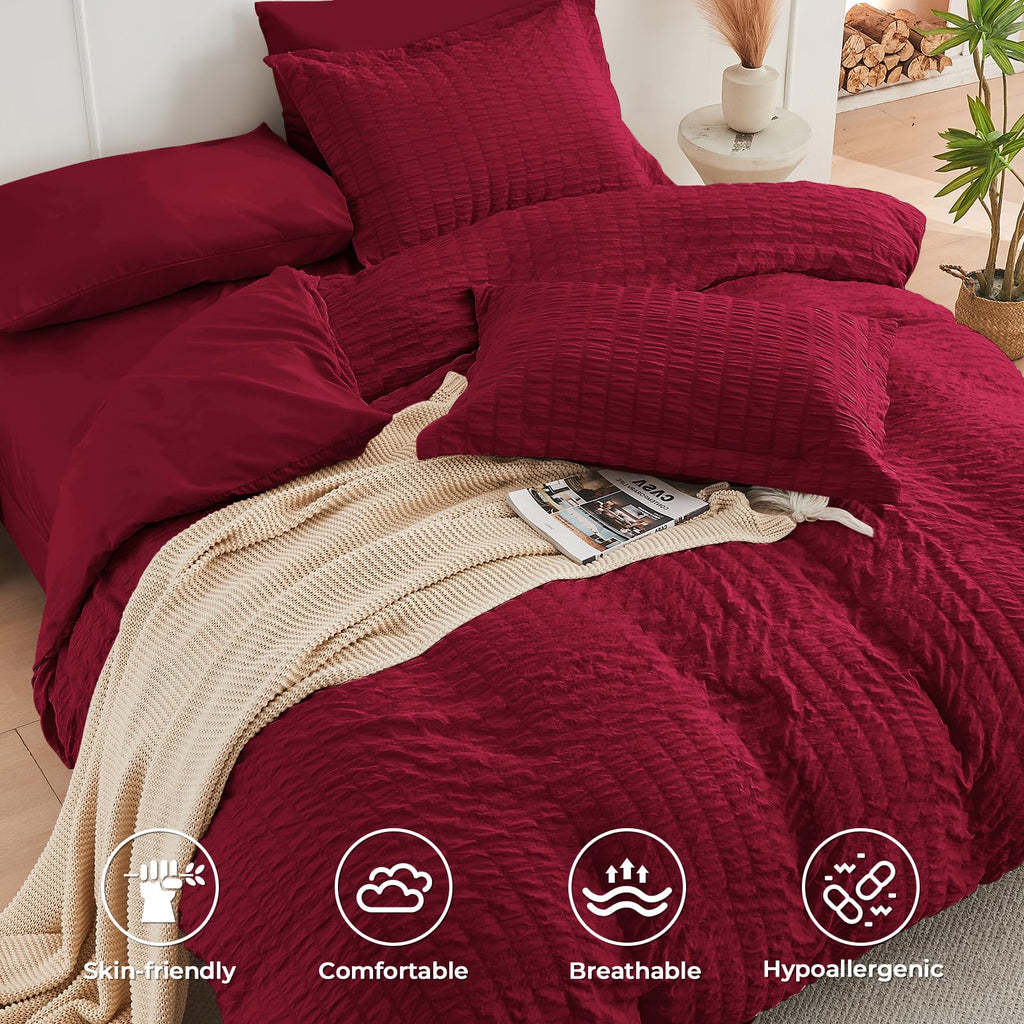 Hymokege Burgundy Queen Comforter Set Seersucker 7 Pieces, All Season Luxury Bed In A Bag For Bedroom, Bedding Set With Comforte