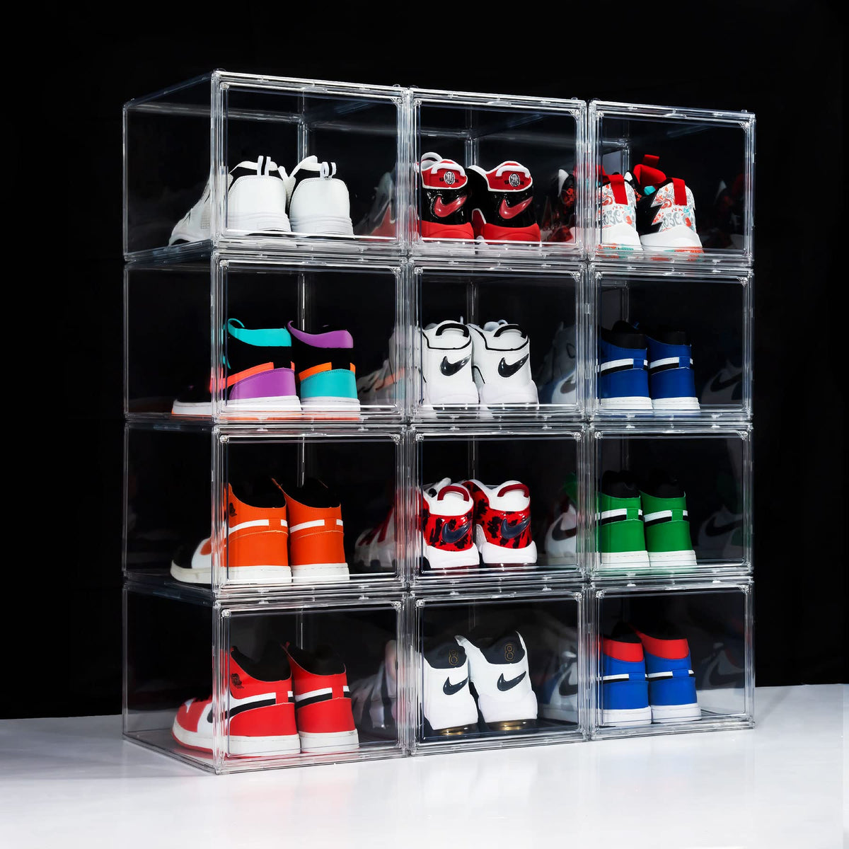 12 Pack Shoe Boxes, Clear Acrylic Stackable Plastic Sneaker Box Container, Magnetic Drop & Side Open Shoe Organizer Case Contain
