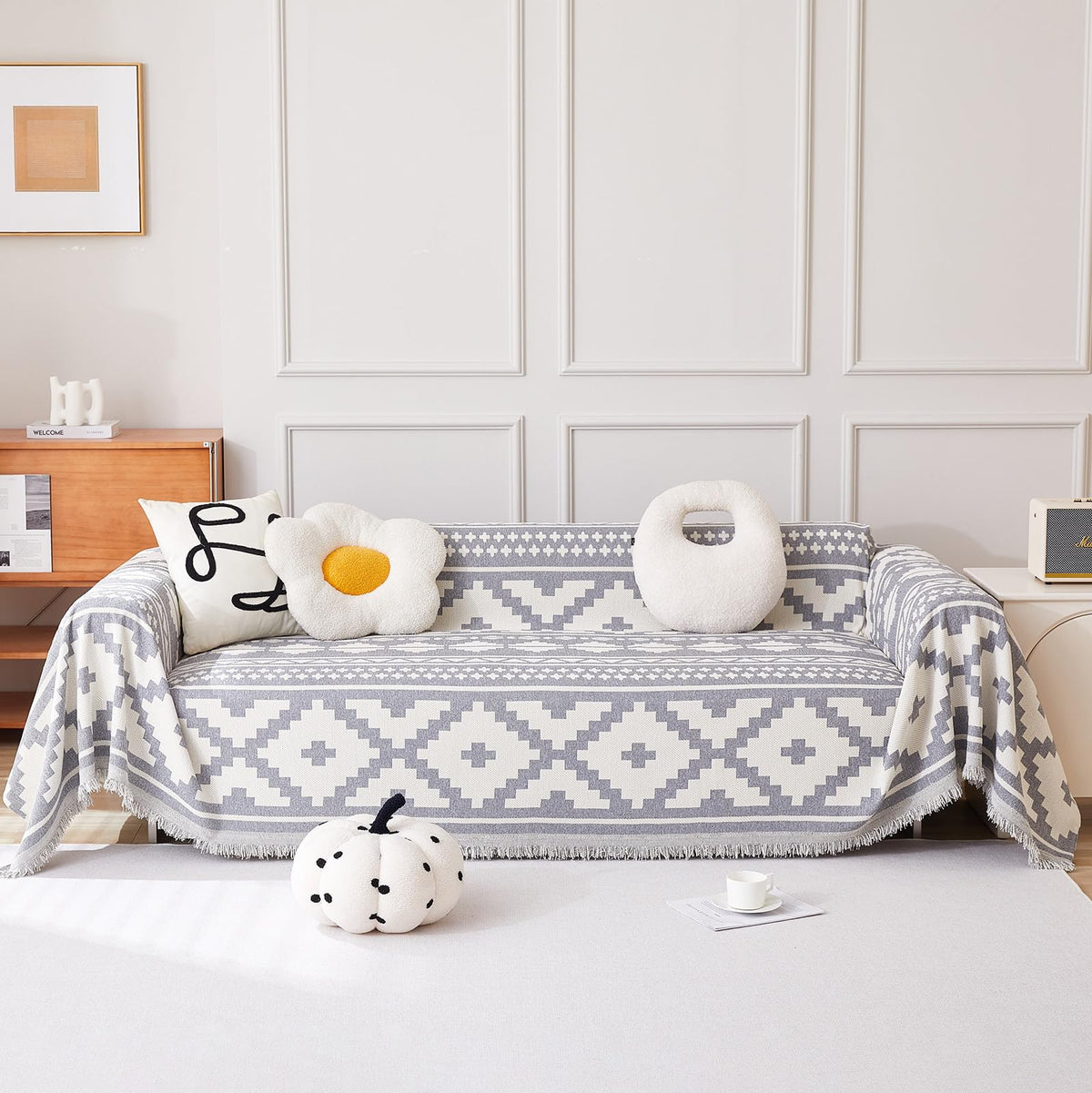 Handontime Boho Grey Sofa Couch Covers Geometric Couch Covers For 3 Cushion Couch Sofa Pet Friendly Chenille Sofa Covers Washable Rhombic Triangles Farmhouse Couch Cover For Dogs Cats, 71' X134'