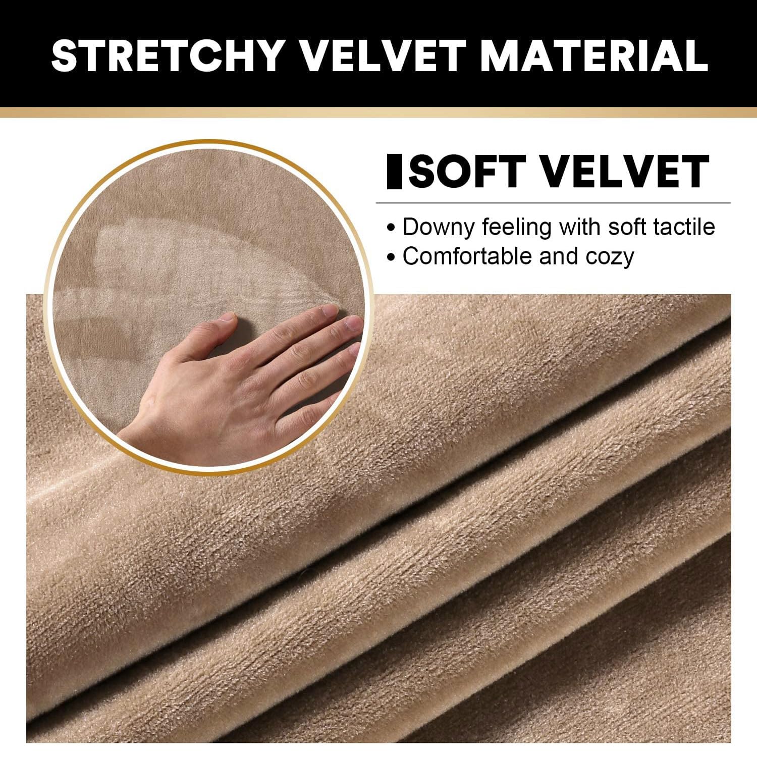 Princedeco 4 Pieces Couch Covers Velvet Couch Covers For 3 Cushion Sofa Soft Furniture Protector With Non Slip Elastic Bottom Washable Couch Covers Width Up To 90 Inch (Large, Camel)