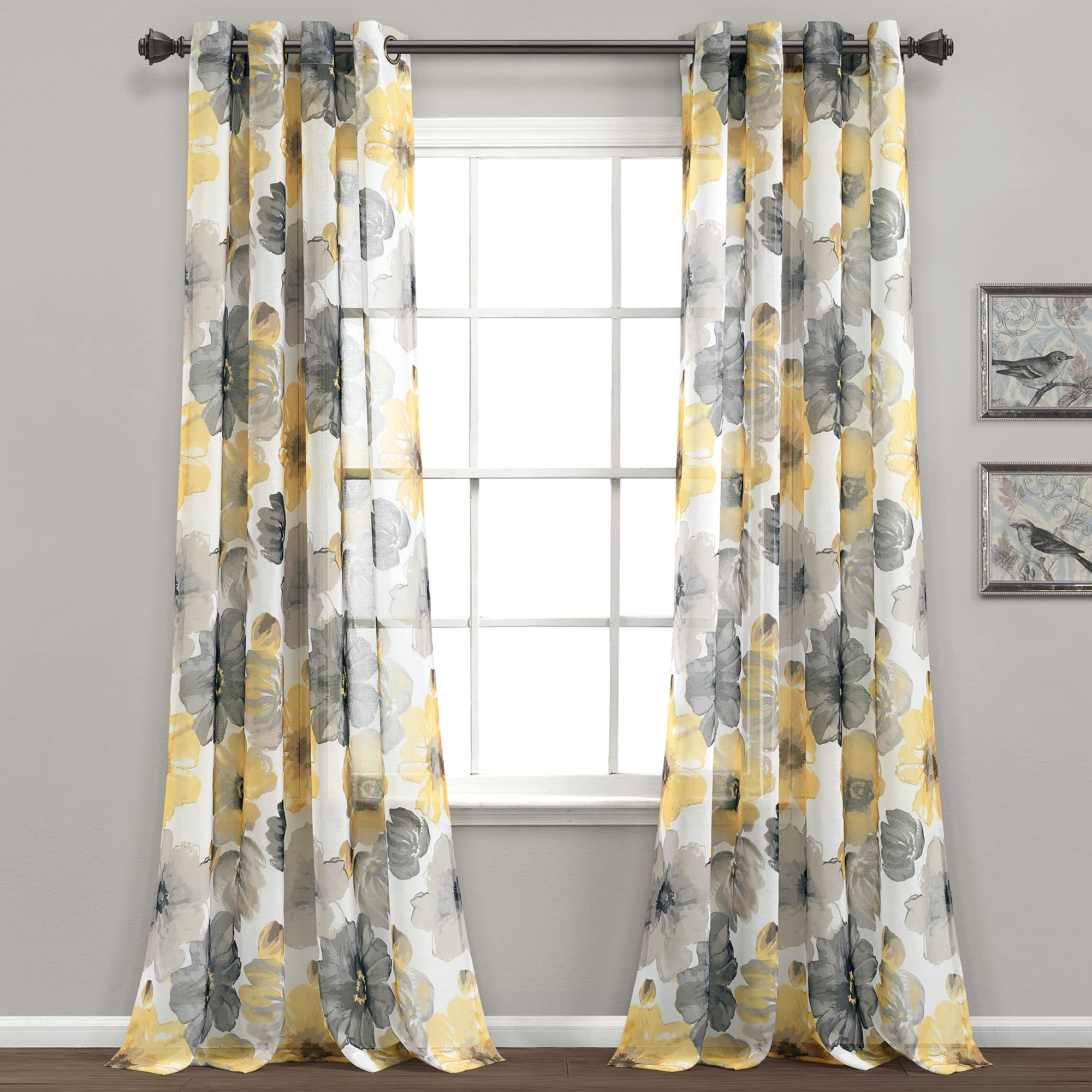 Lush Decor Leah Floral Sheer Window Curtain Panels, Pair, 52' W X 84' L, Yellow & Gray - Floral Curtains - Colorful Spring Wat