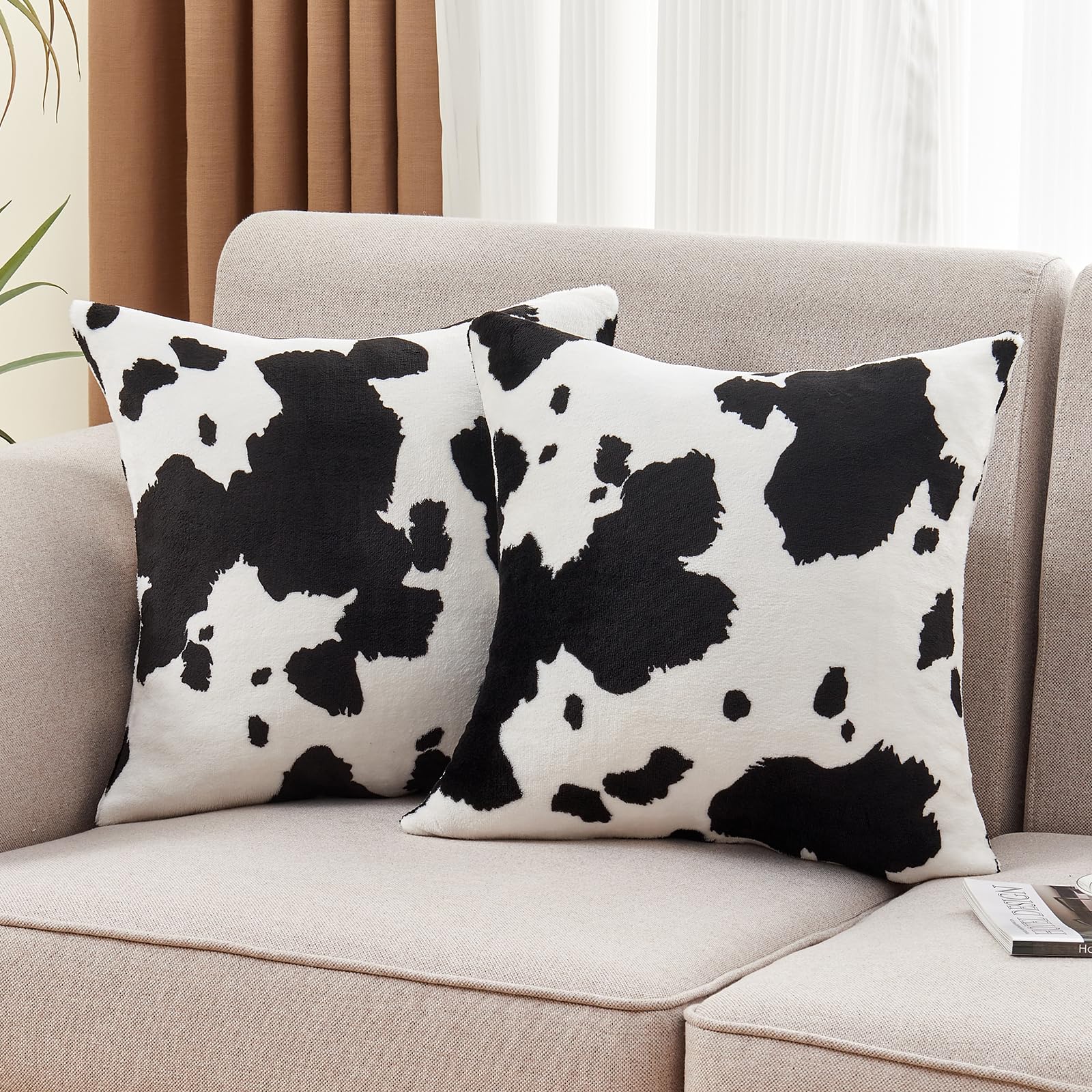 SOCHOW Decorative Throw Pillow Covers 18x18 Inches Set of 2, Soft Cow Print Flannel Fleece Pillowcase Square Cushion Covers for 