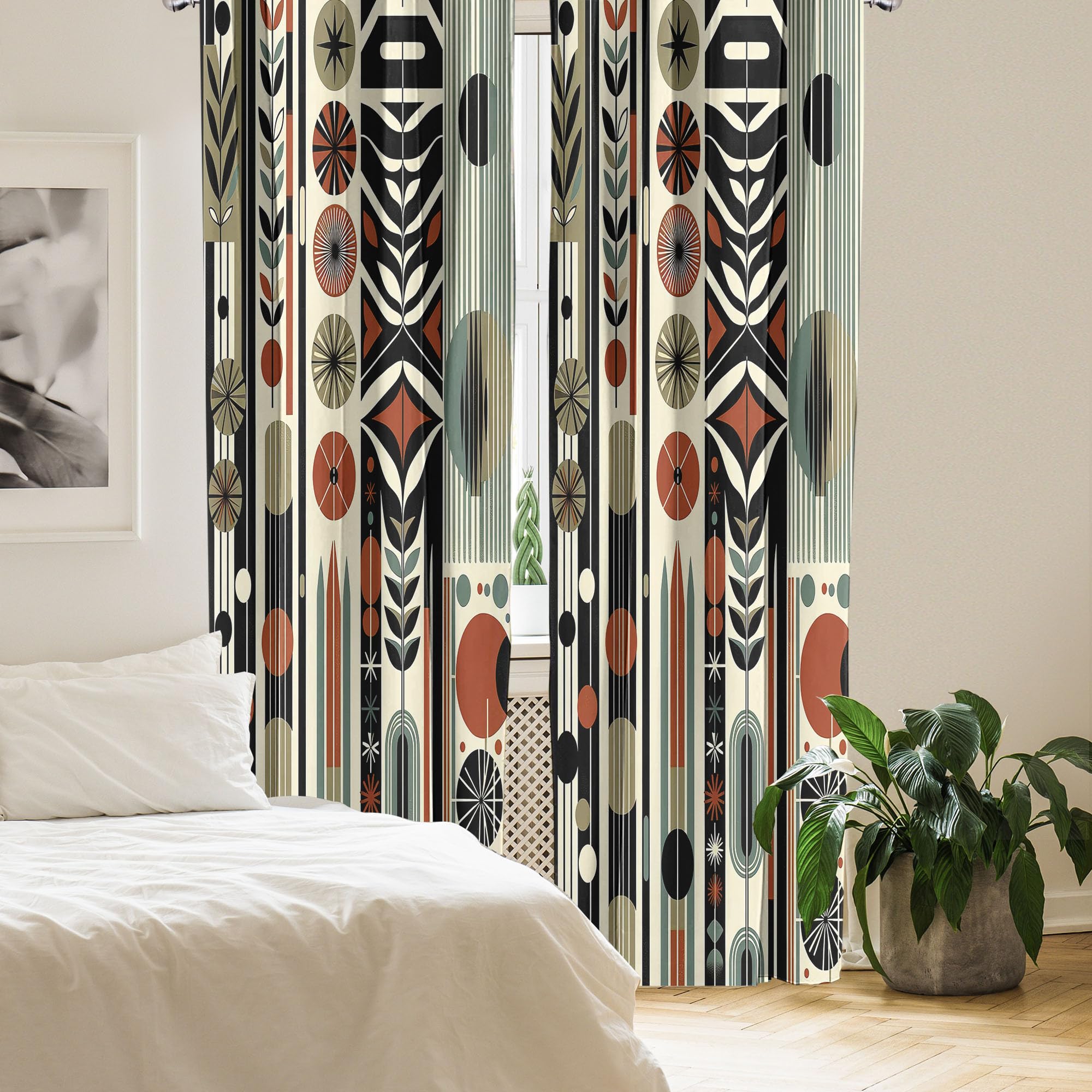 Ambesonne Bohemian Window Curtains Pack Of 2, Mid Century Modern Themed Circular Motifs Ovals And Stripes Geometric, Lightweight
