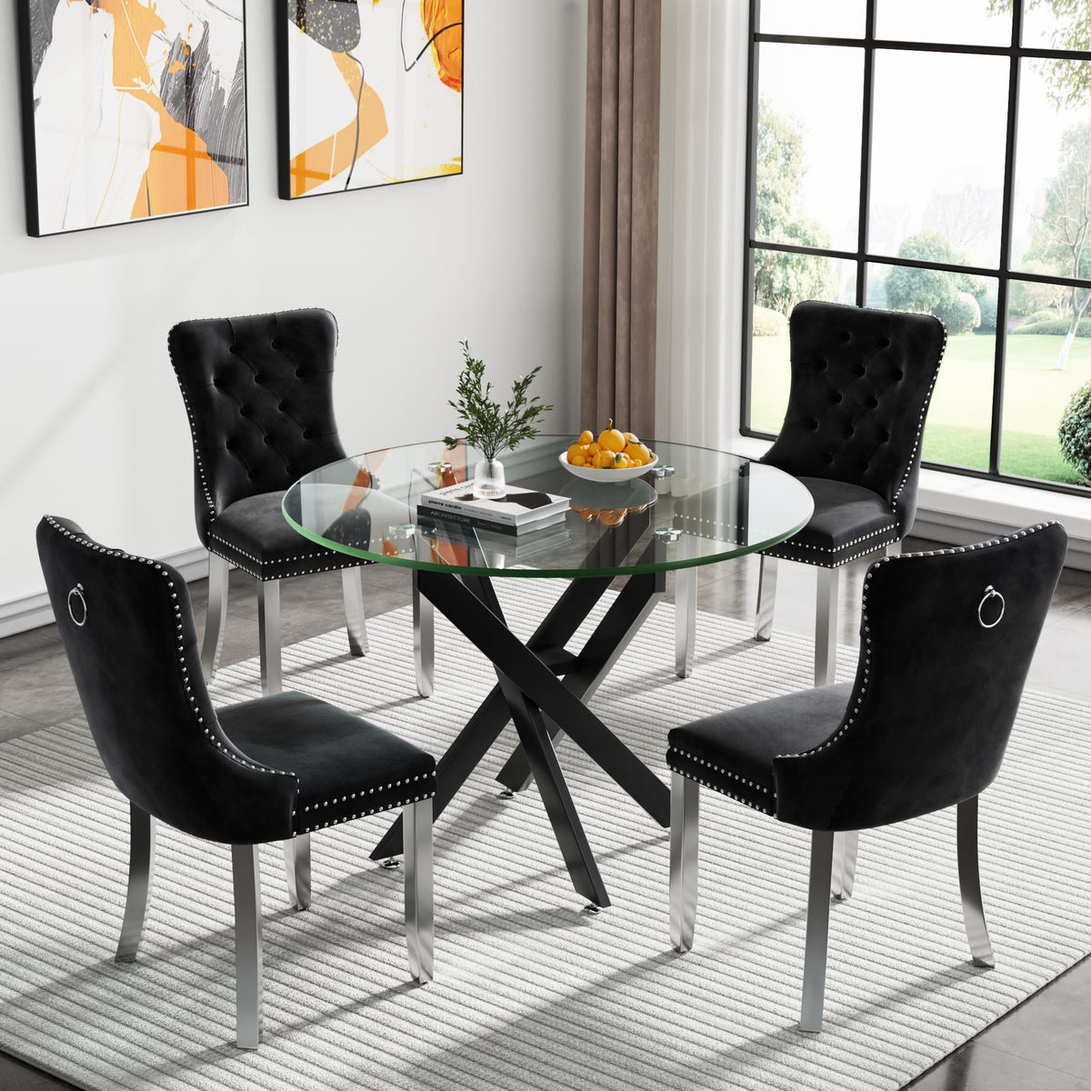 Kuvadaz 36' Modern Black Glass Dining Room Table Set For 4, 5-Piece Round Kitchen Dining Table Set With Cross Metal Legs And 4
