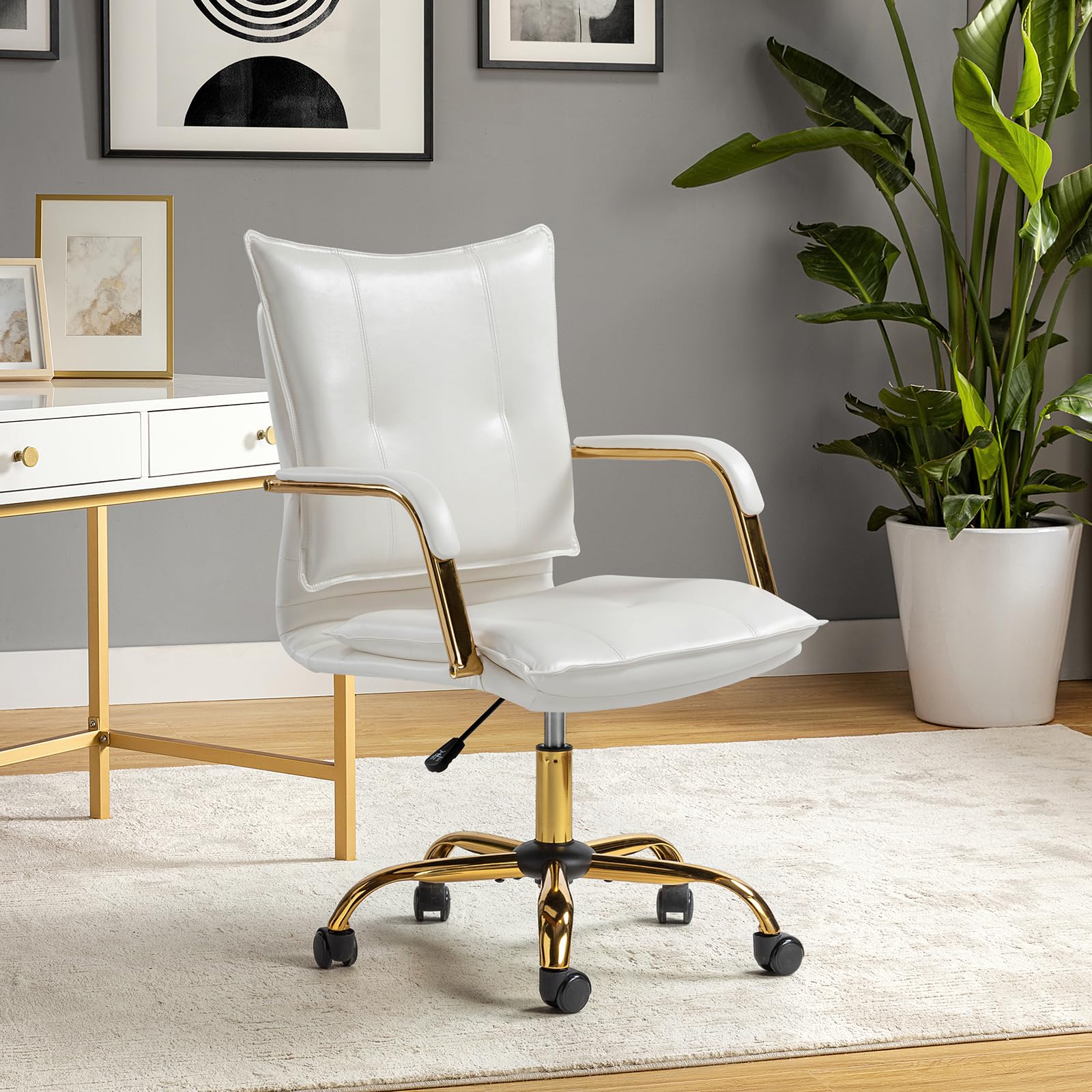 Hulala Home Faux Leather Home Office Desk Chair, Adjustable Swivel Computer Chair With Golden Legs And Arms, Comfy Upholstered Task Chair, White