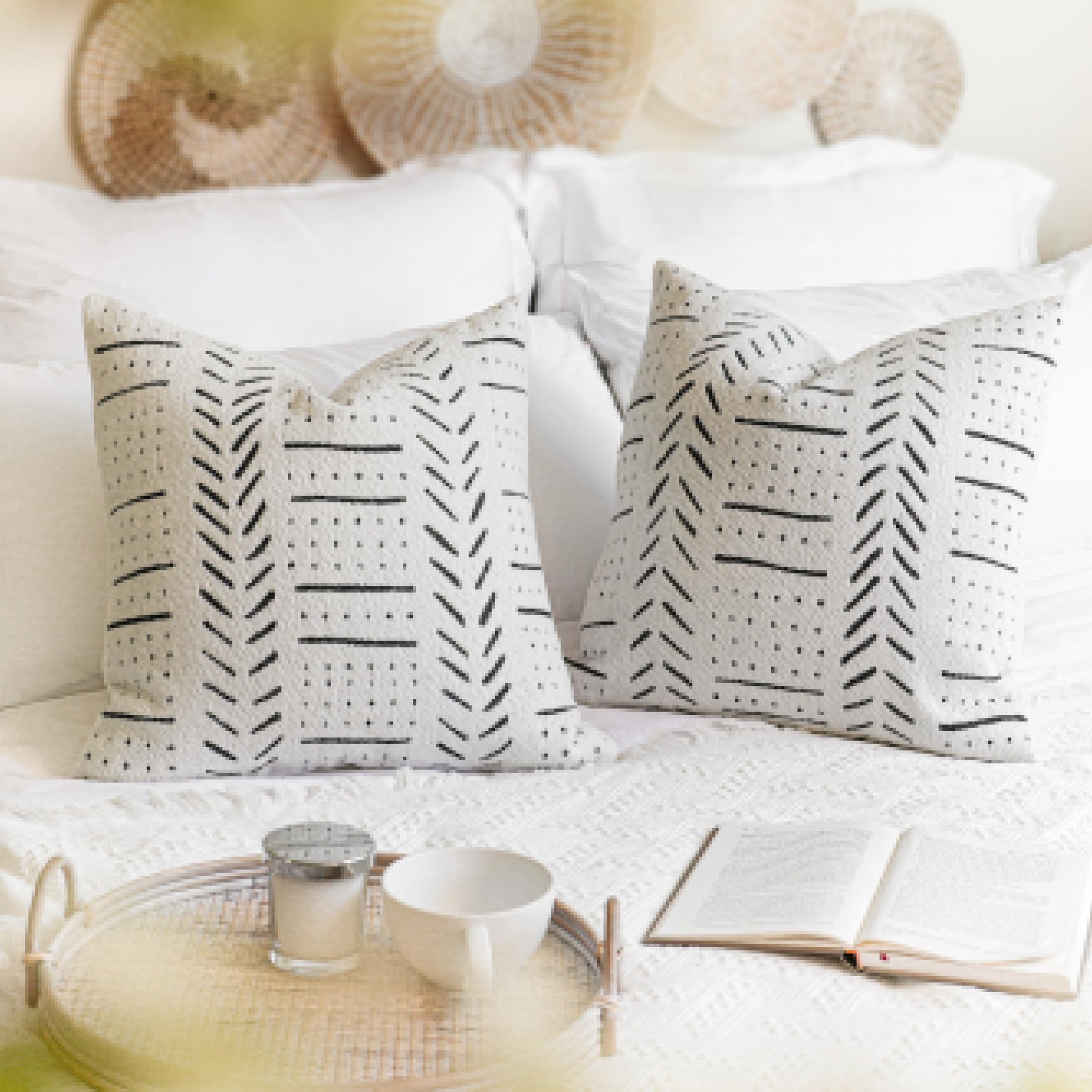 Blissblush Off White Decorative Throw Pillow Covers 20X20, Set Of 2, Boho Farmhouse Square Cushion Cover, Cozy Soft Accent Pillo