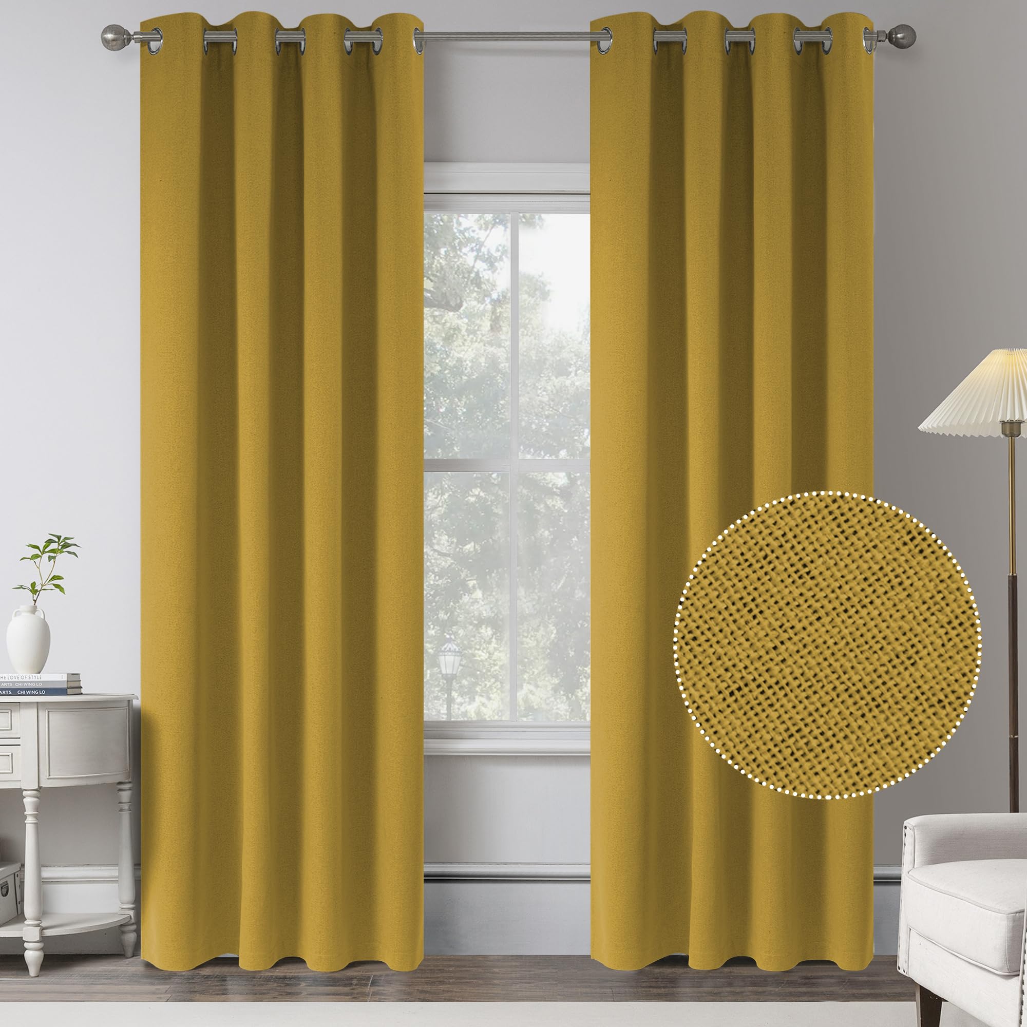 Mustard Yellow Linen Absolutely Blackout Curtains For Bedroom - Set Of 2 Panels 95 Inches Long Total Room Darkening Thermal Insu