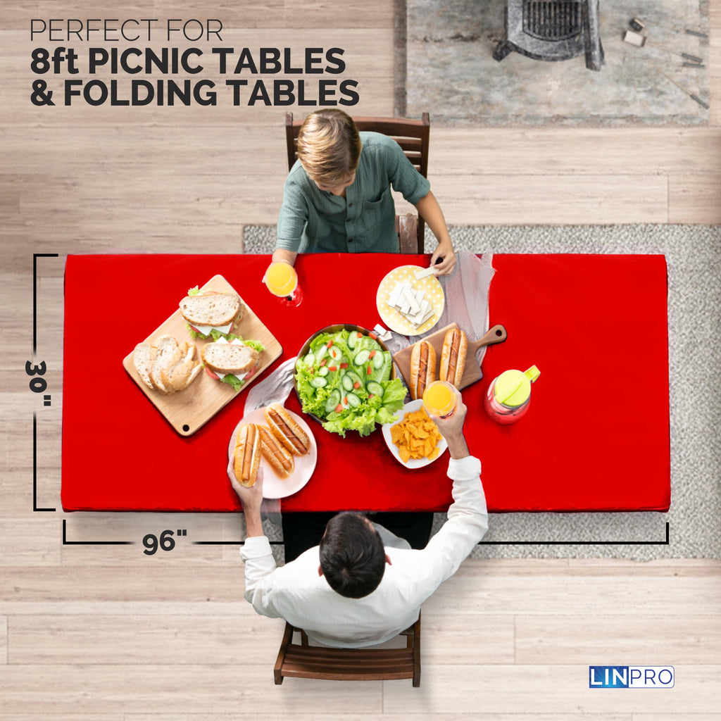 Linpro 5Pk Plastic Table Cloths Disposable For Parties 8Ft Picnic Table Covers With Elastic Fitted Camping Tablecloth Elastic Table Cover Rectangle Red Tablecloth Waterproof Outdoor & Folding Tables