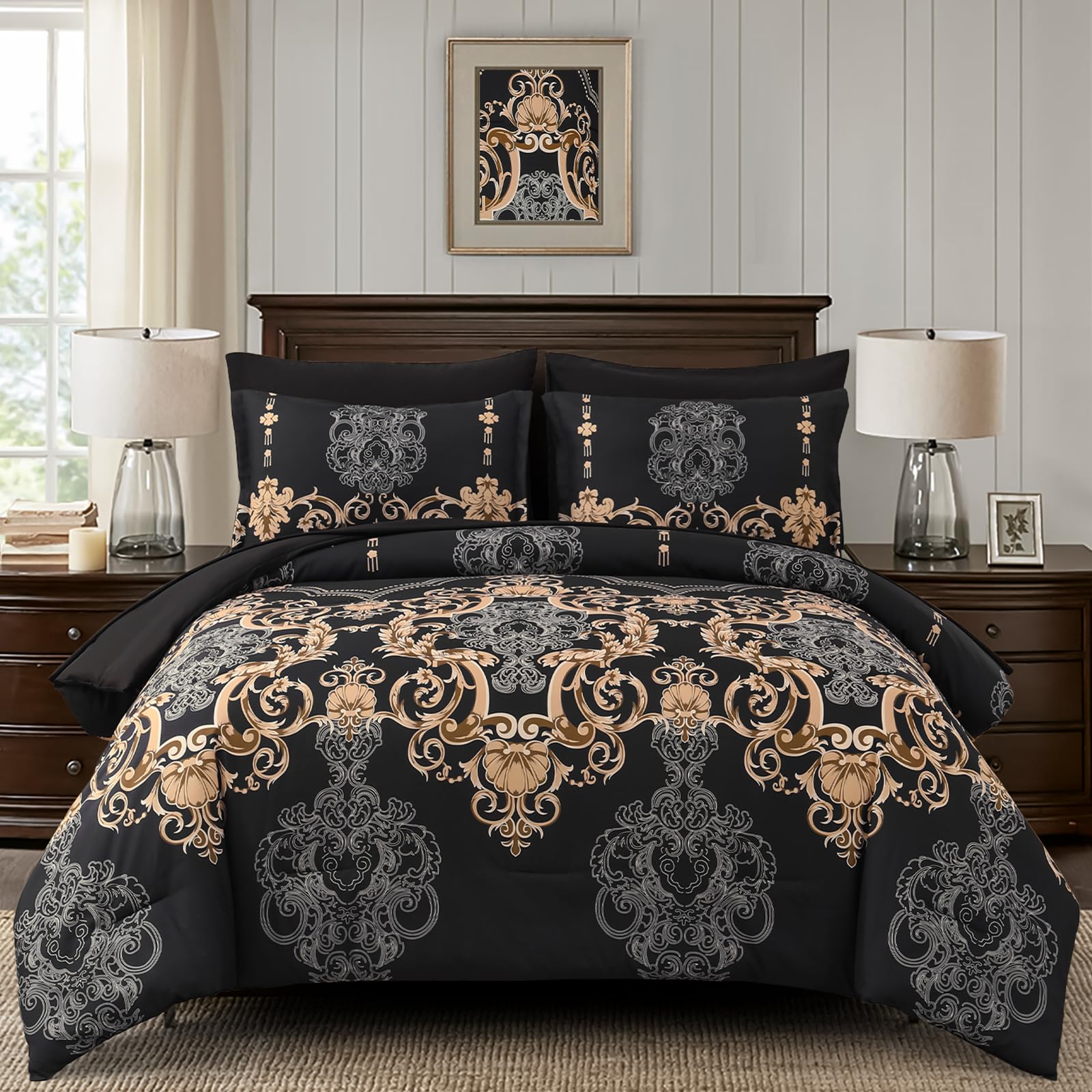 Mybedsoul Black Queen Comforter Set, 7 Pieces Gold Boho Bed In A Bag For Queen Bed, Damask Comforter With Sheets Pillowcases, So