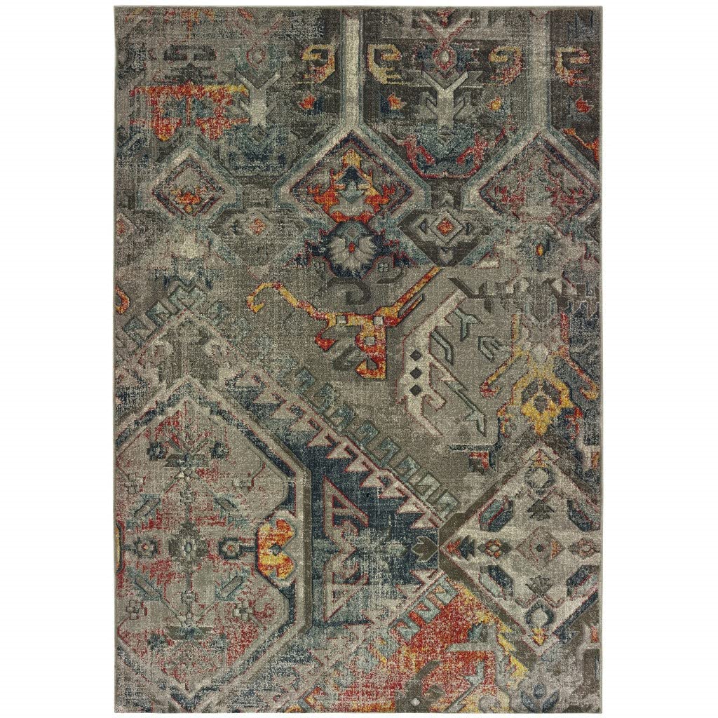 HomeRoots Polypropylene, Polyester 3' x 6' Distressed Grey Machine Woven Tribal Abstract Indoor Area Rug