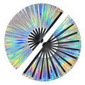 dmjuncong Large Folding Hand Rave Fan,Clack Handheld Fan,Holographic Laser Colors Hand Fan,for Festivals,Rainbow Outfits,Disco P