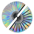 dmjuncong Large Folding Hand Rave Fan,Clack Handheld Fan,Holographic Laser Colors Hand Fan,for Festivals,Rainbow Outfits,Disco P